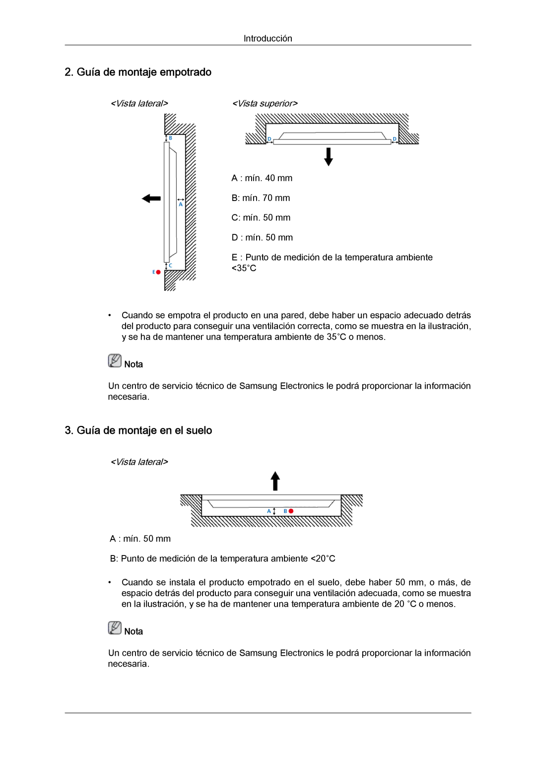 Samsung LH40HBPLBC/EN, LH46HBPLBC/EN manual Guía de montaje empotrado, Guía de montaje en el suelo 