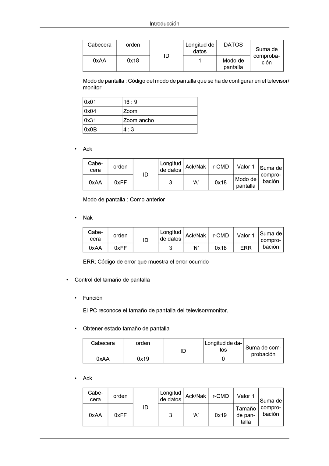 Samsung LH46HBPLBC/EN, LH40HBPLBC/EN manual Introducción Cabecera 0xAA Orden 0x18 Longitud de Datos 