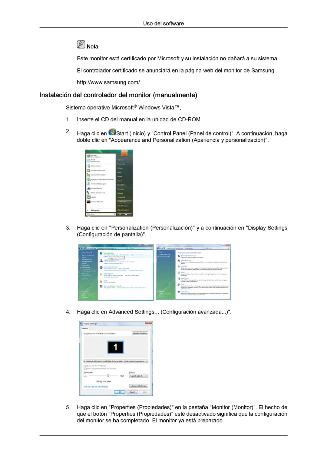 Samsung LH40HBPLBC/EN, LH46HBPLBC/EN Instalación del controlador del monitor manualmente 