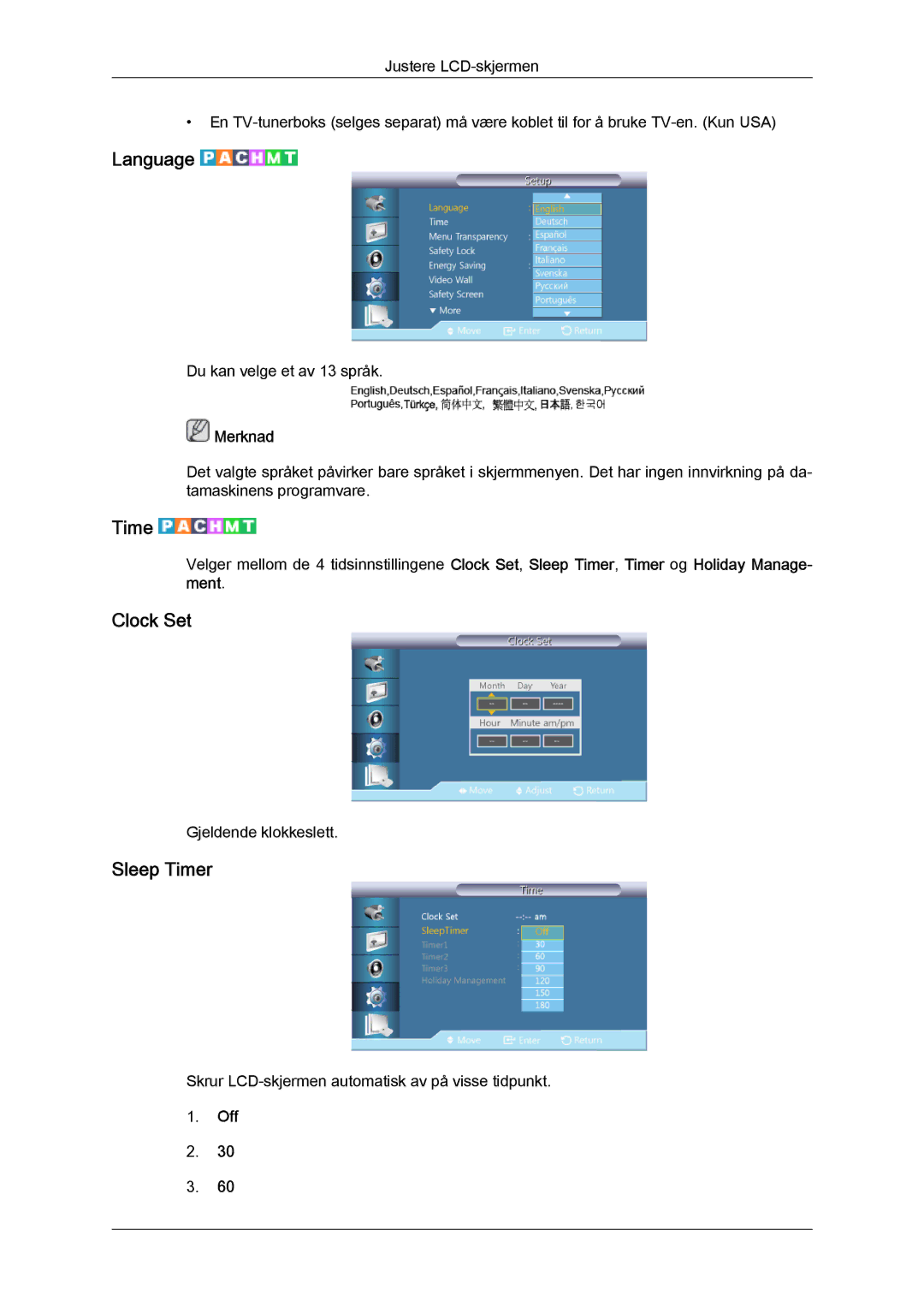 Samsung LH40HBPLBC/EN, LH46HBPLBC/EN manual Language, Clock Set, Sleep Timer 