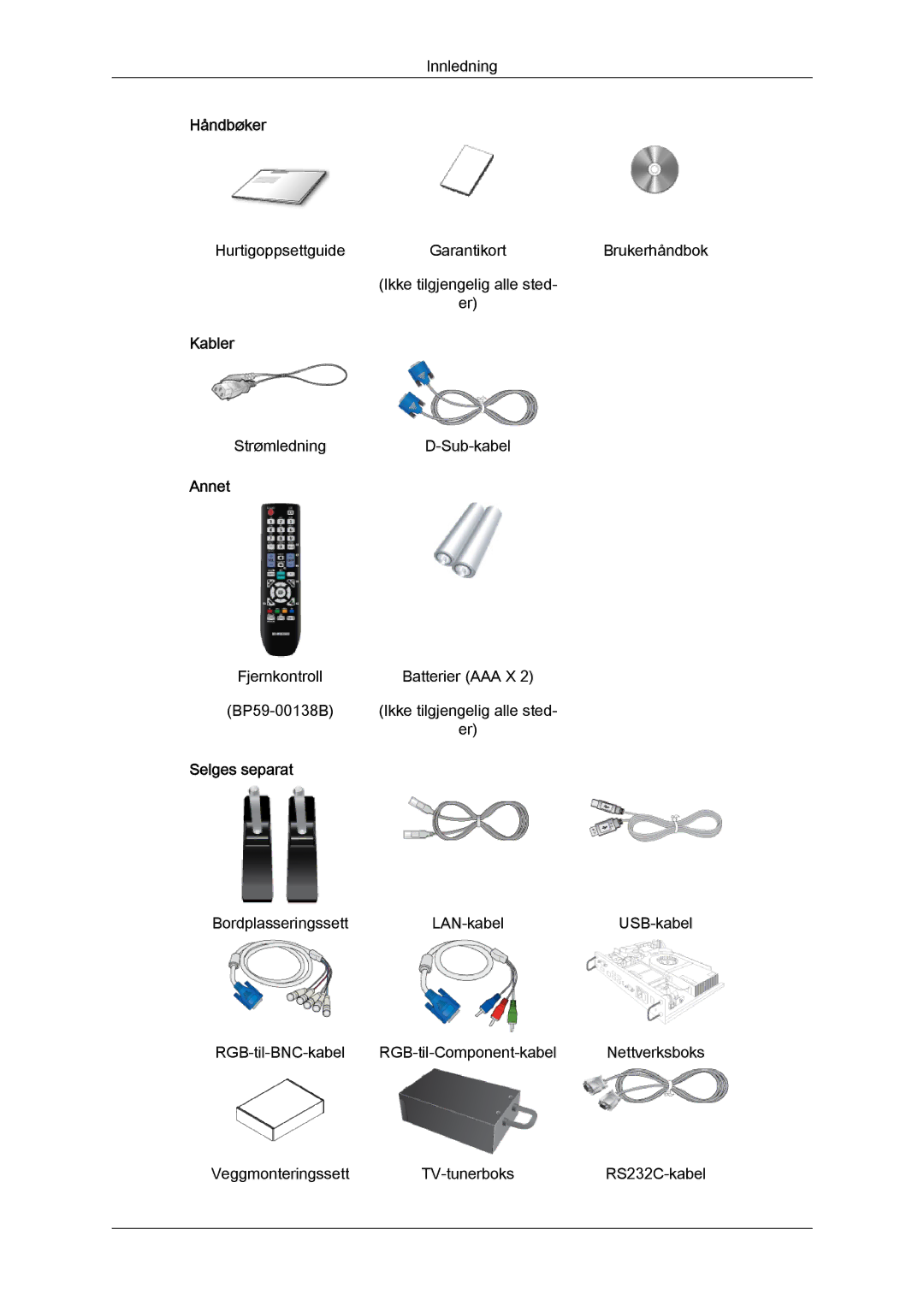 Samsung LH40HBPLBC/EN, LH46HBPLBC/EN manual Håndbøker, Kabler, Annet, Selges separat 