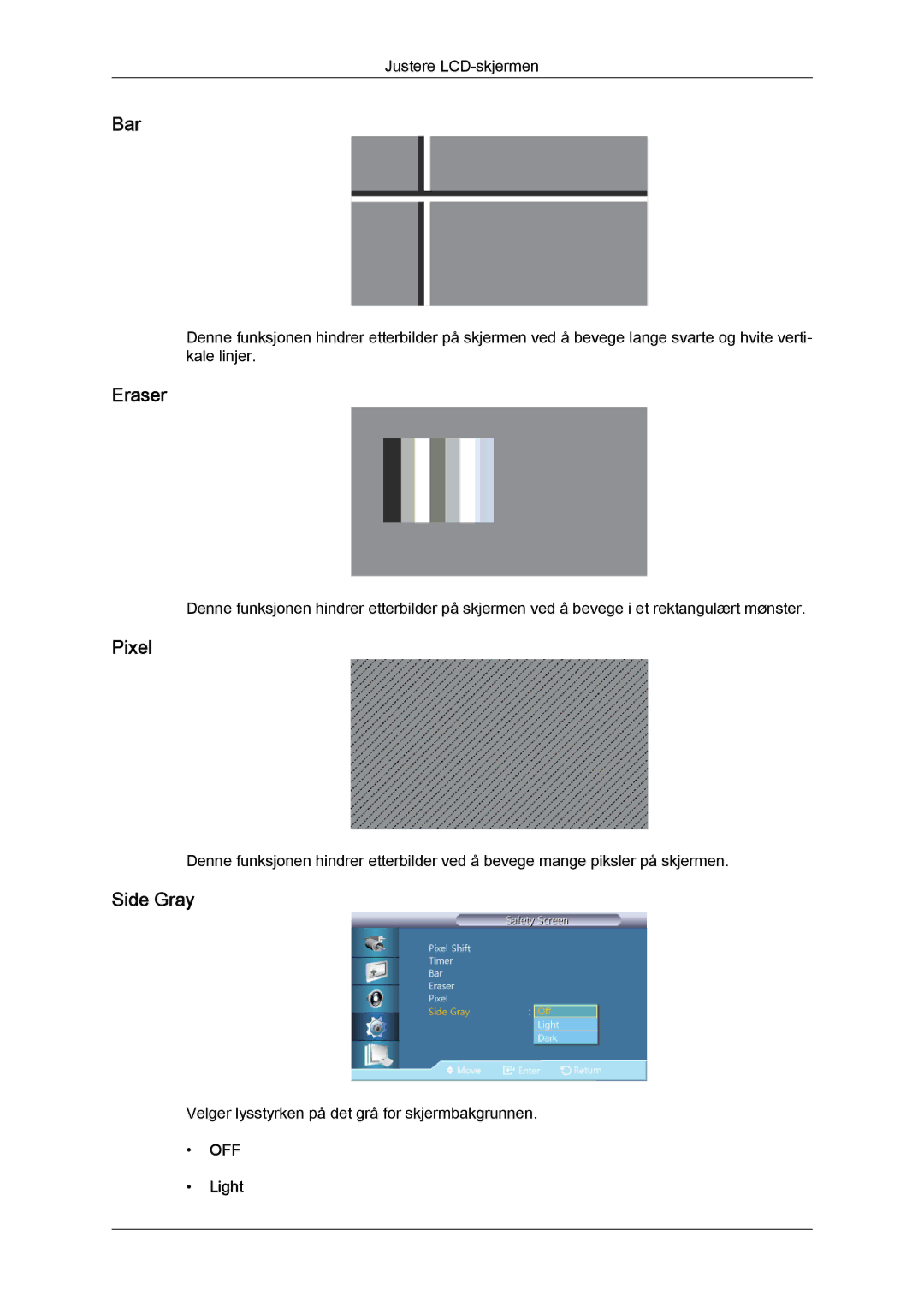 Samsung LH40HBPLBC/EN, LH46HBPLBC/EN manual Bar, Eraser, Pixel, Side Gray, Light 