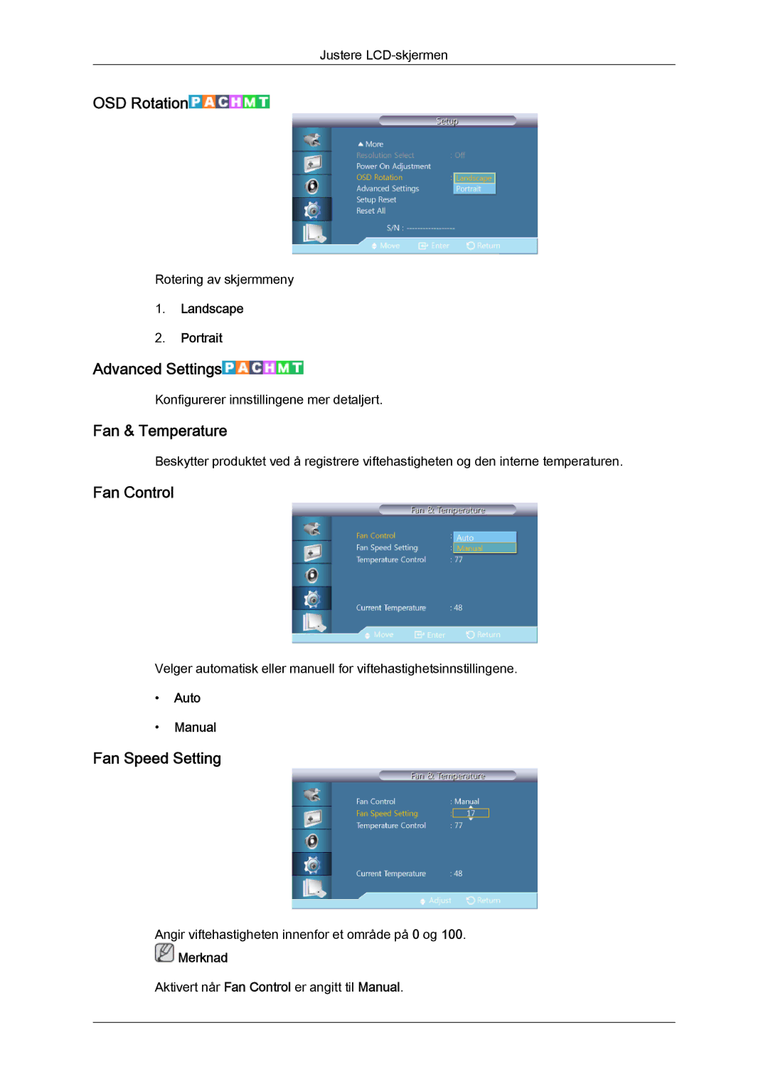 Samsung LH40HBPLBC/EN, LH46HBPLBC/EN OSD Rotation, Advanced Settings, Fan & Temperature, Fan Control, Fan Speed Setting 