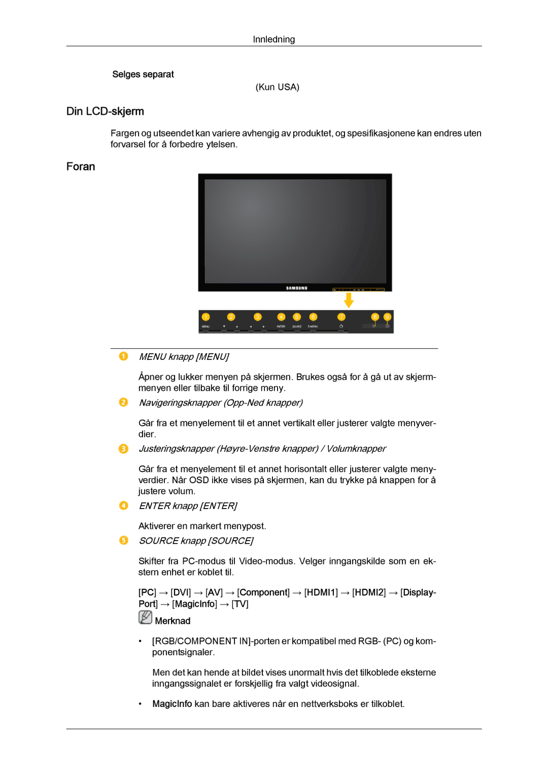 Samsung LH46HBPLBC/EN, LH40HBPLBC/EN manual Din LCD-skjerm, Foran 