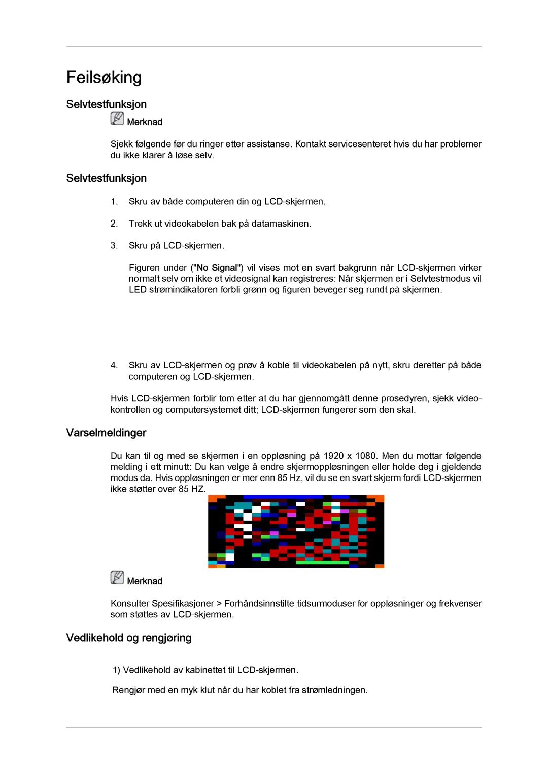 Samsung LH46HBPLBC/EN, LH40HBPLBC/EN manual Selvtestfunksjon, Varselmeldinger, Vedlikehold og rengjøring 