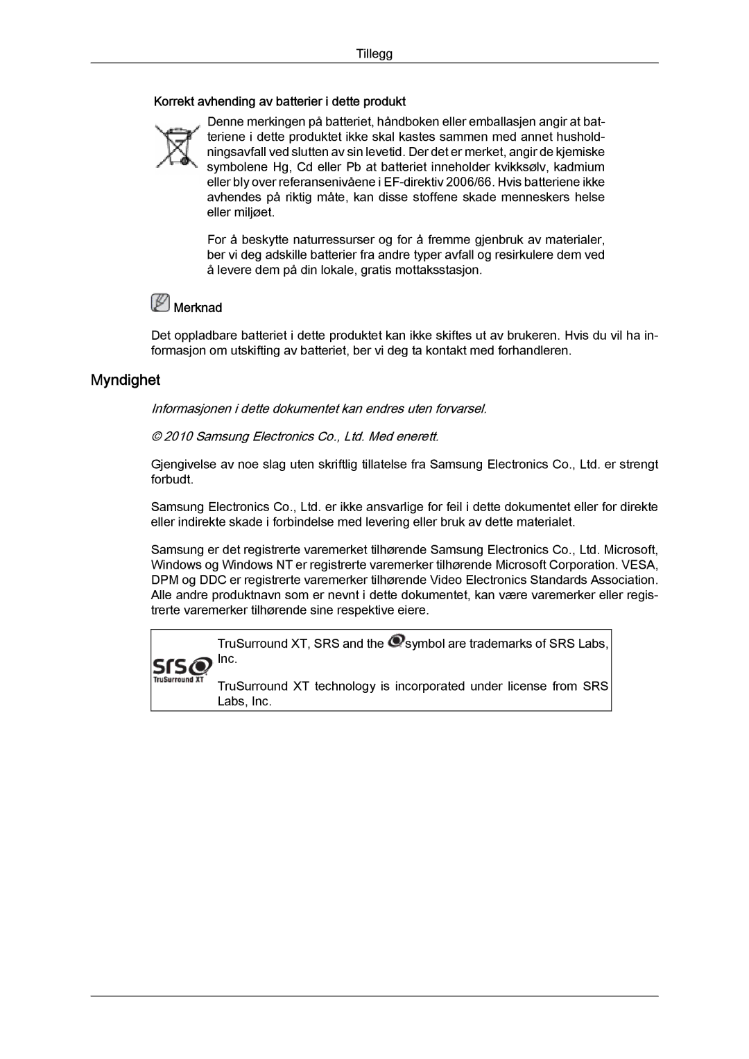 Samsung LH46HBPLBC/EN, LH40HBPLBC/EN manual Myndighet, Korrekt avhending av batterier i dette produkt 