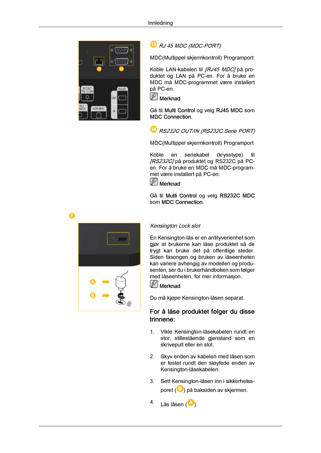 Samsung LH46HBPLBC/EN, LH40HBPLBC/EN manual For å låse produktet følger du disse trinnene, RJ 45 MDC MDC-PORT 