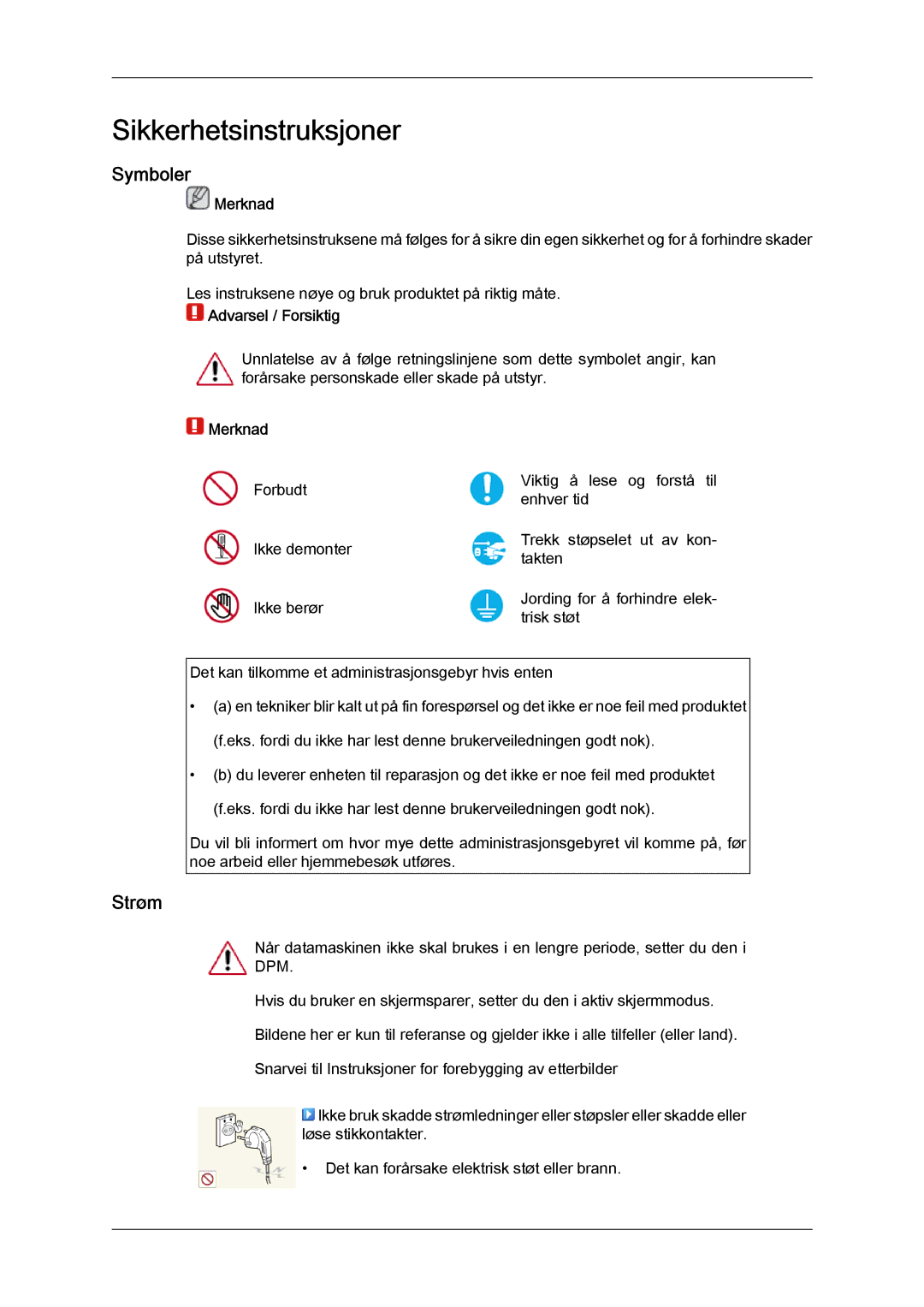 Samsung LH46HBPLBC/EN, LH40HBPLBC/EN manual Symboler, Strøm, Merknad 