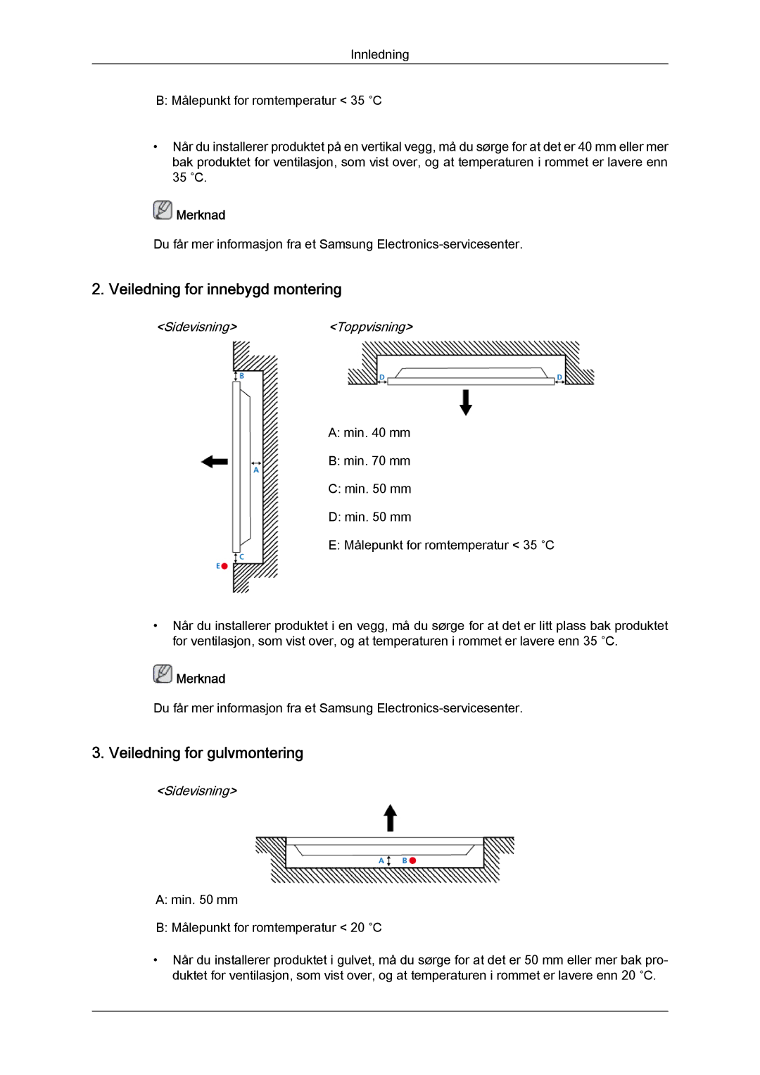 Samsung LH46HBPLBC/EN, LH40HBPLBC/EN manual Veiledning for innebygd montering, Veiledning for gulvmontering 