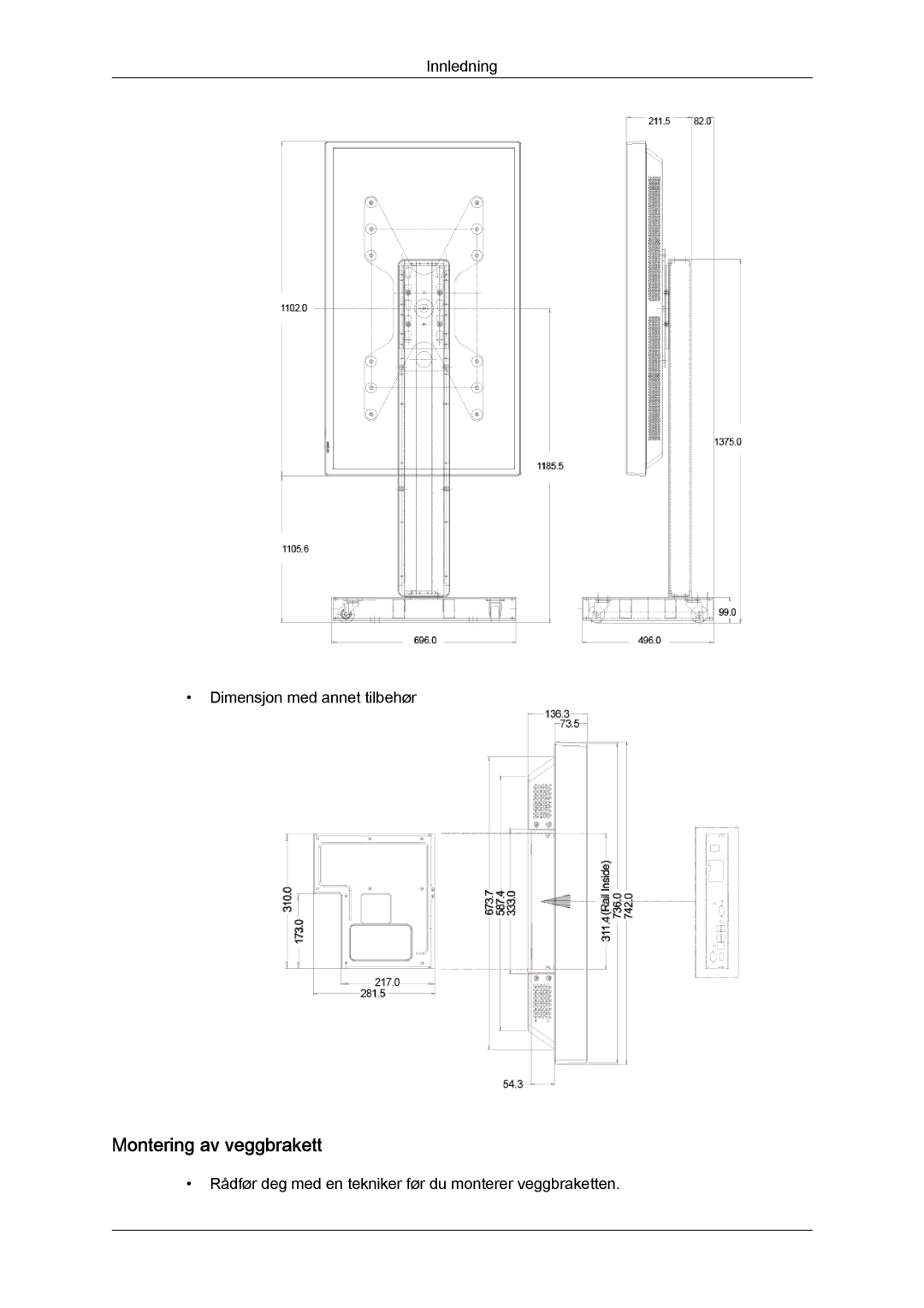 Samsung LH46HBPLBC/EN, LH40HBPLBC/EN manual Montering av veggbrakett 