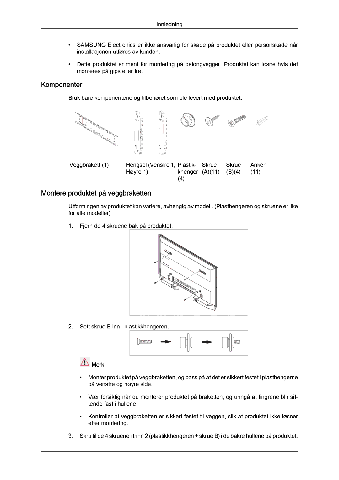 Samsung LH40HBPLBC/EN, LH46HBPLBC/EN manual Komponenter, Montere produktet på veggbraketten 