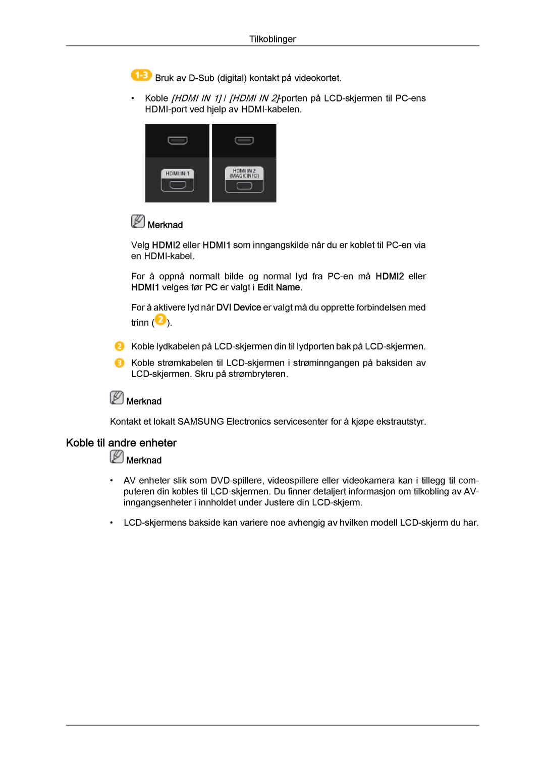 Samsung LH46HBPLBC/EN, LH40HBPLBC/EN manual Koble til andre enheter, Merknad 