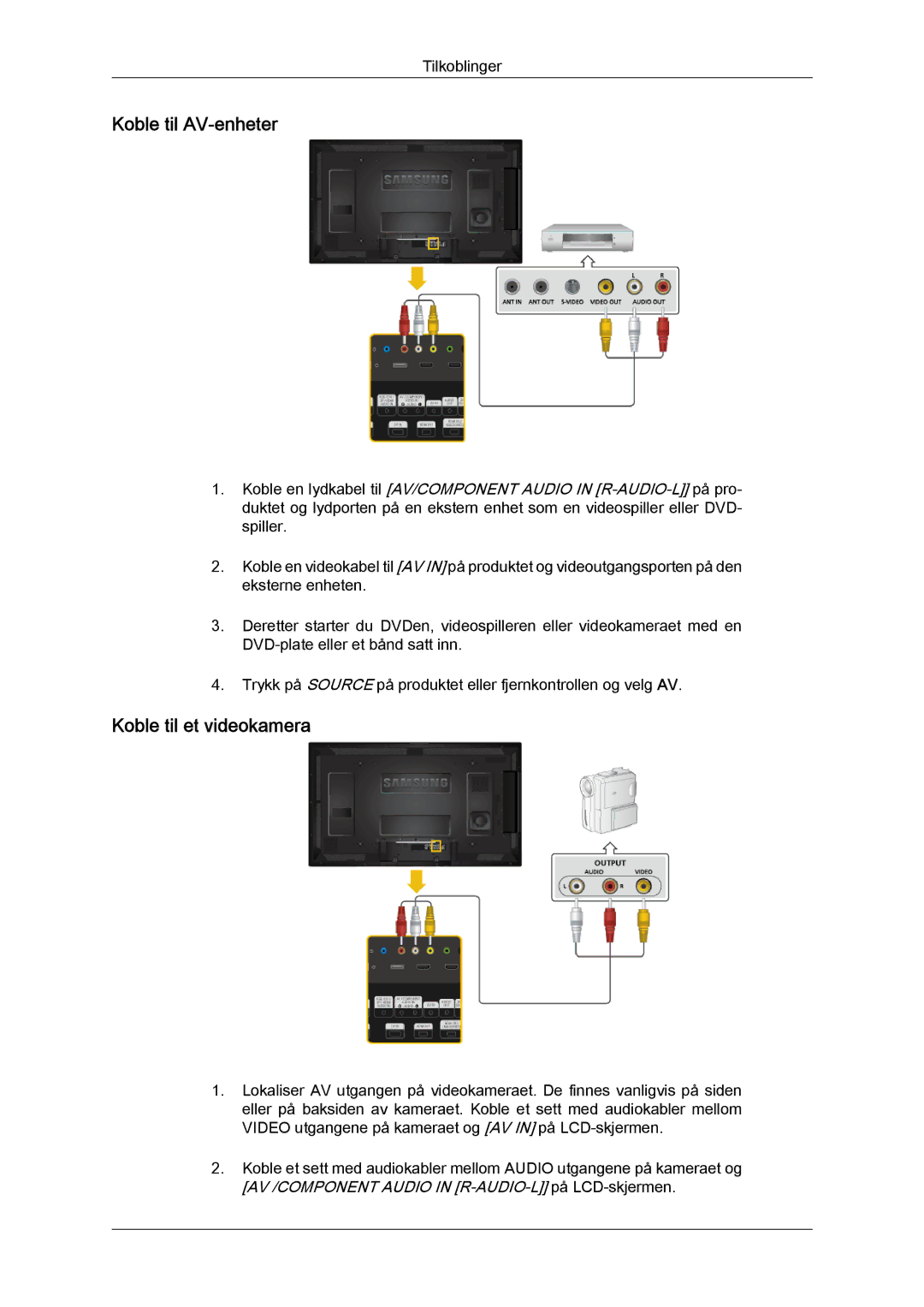 Samsung LH40HBPLBC/EN, LH46HBPLBC/EN manual Koble til AV-enheter, Koble til et videokamera 