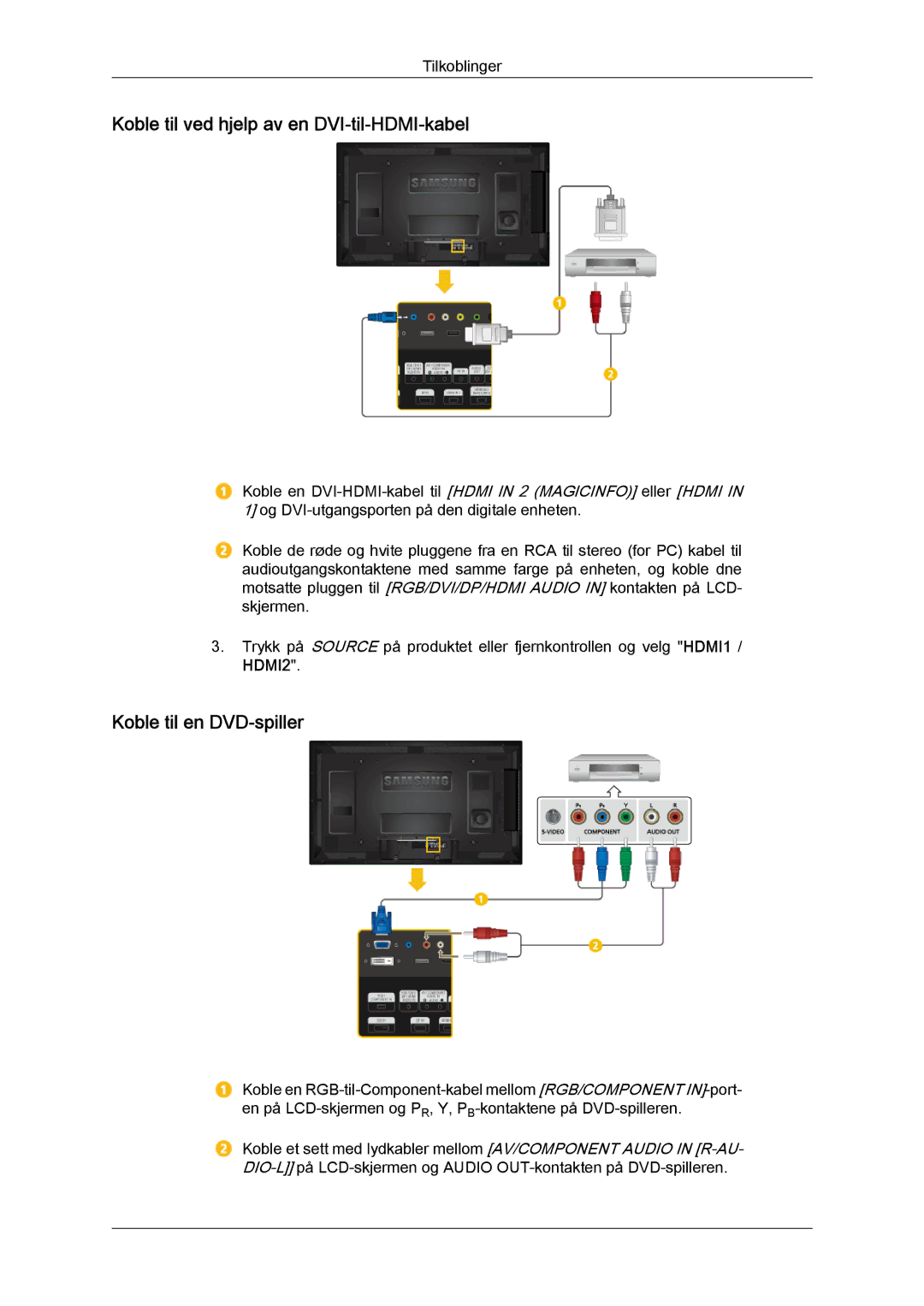 Samsung LH40HBPLBC/EN, LH46HBPLBC/EN manual Koble til ved hjelp av en DVI-til-HDMI-kabel, Koble til en DVD-spiller 