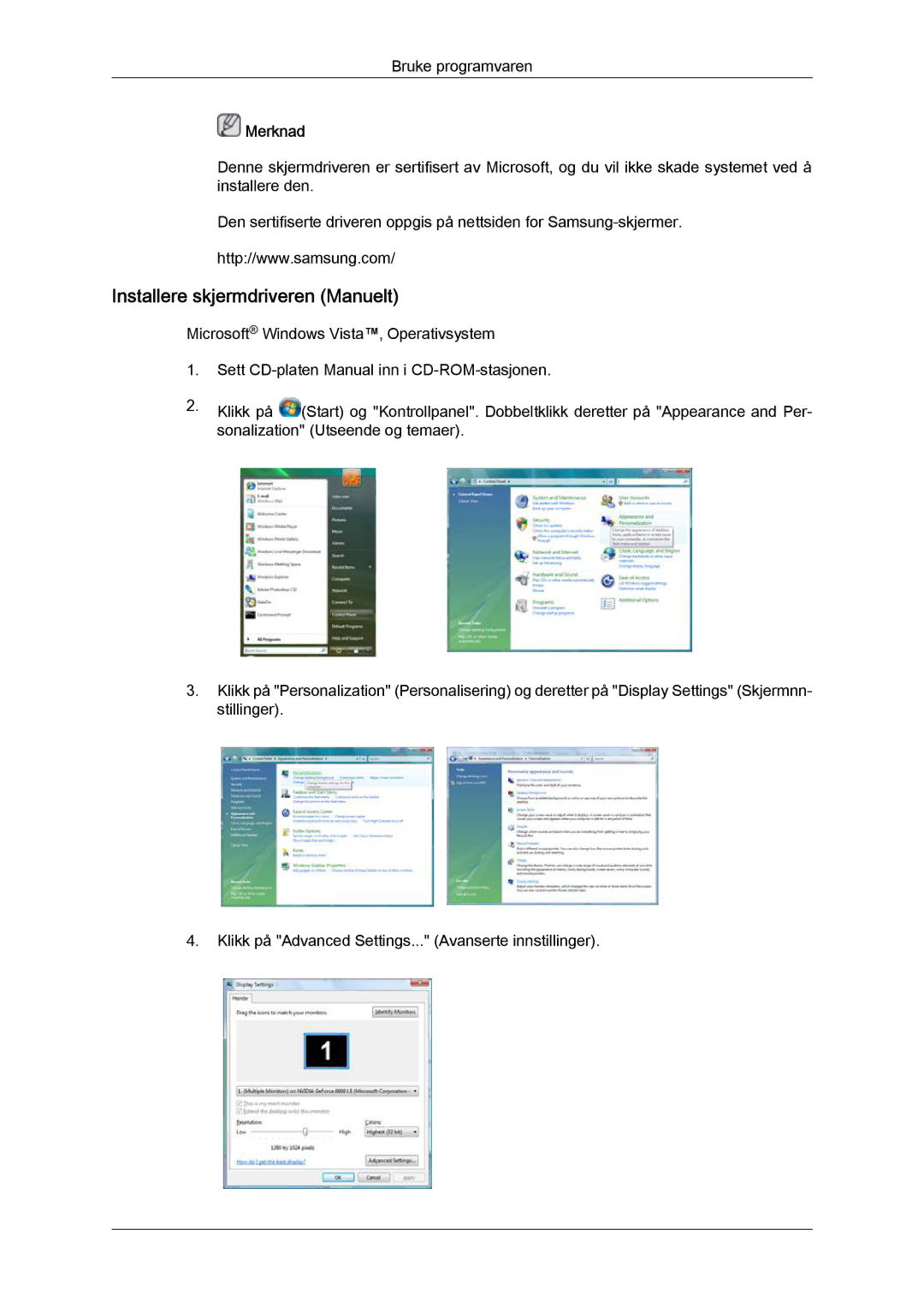 Samsung LH40HBPLBC/EN, LH46HBPLBC/EN manual Installere skjermdriveren Manuelt 