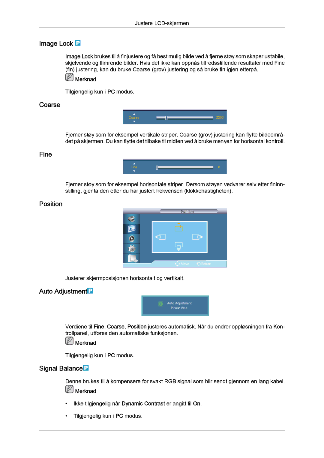 Samsung LH40HBPLBC/EN, LH46HBPLBC/EN manual Image Lock, Coarse, Fine, Auto Adjustment, Signal Balance 