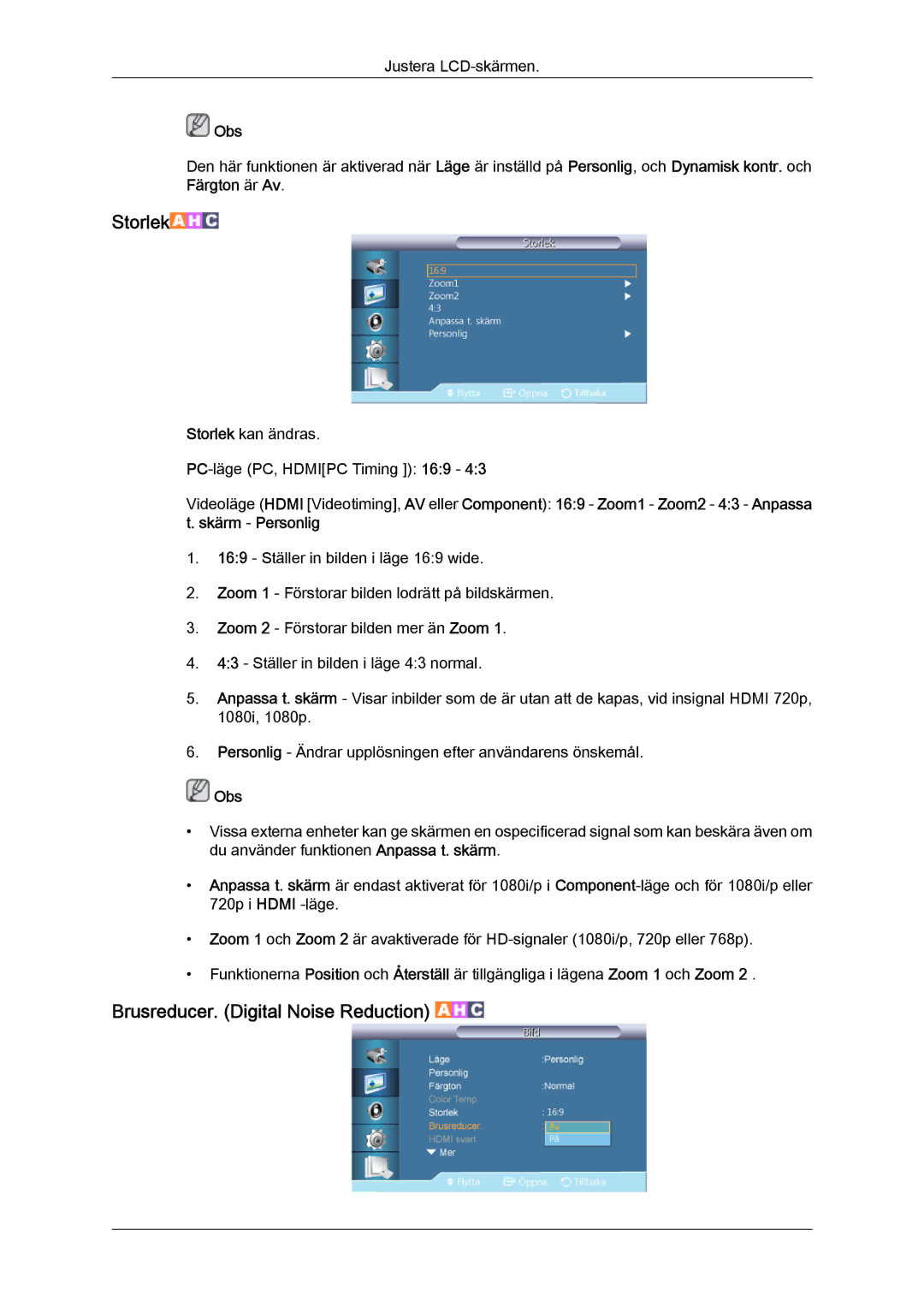 Samsung LH40HBPLBC/EN, LH46HBPLBC/EN manual Storlek, Brusreducer. Digital Noise Reduction 