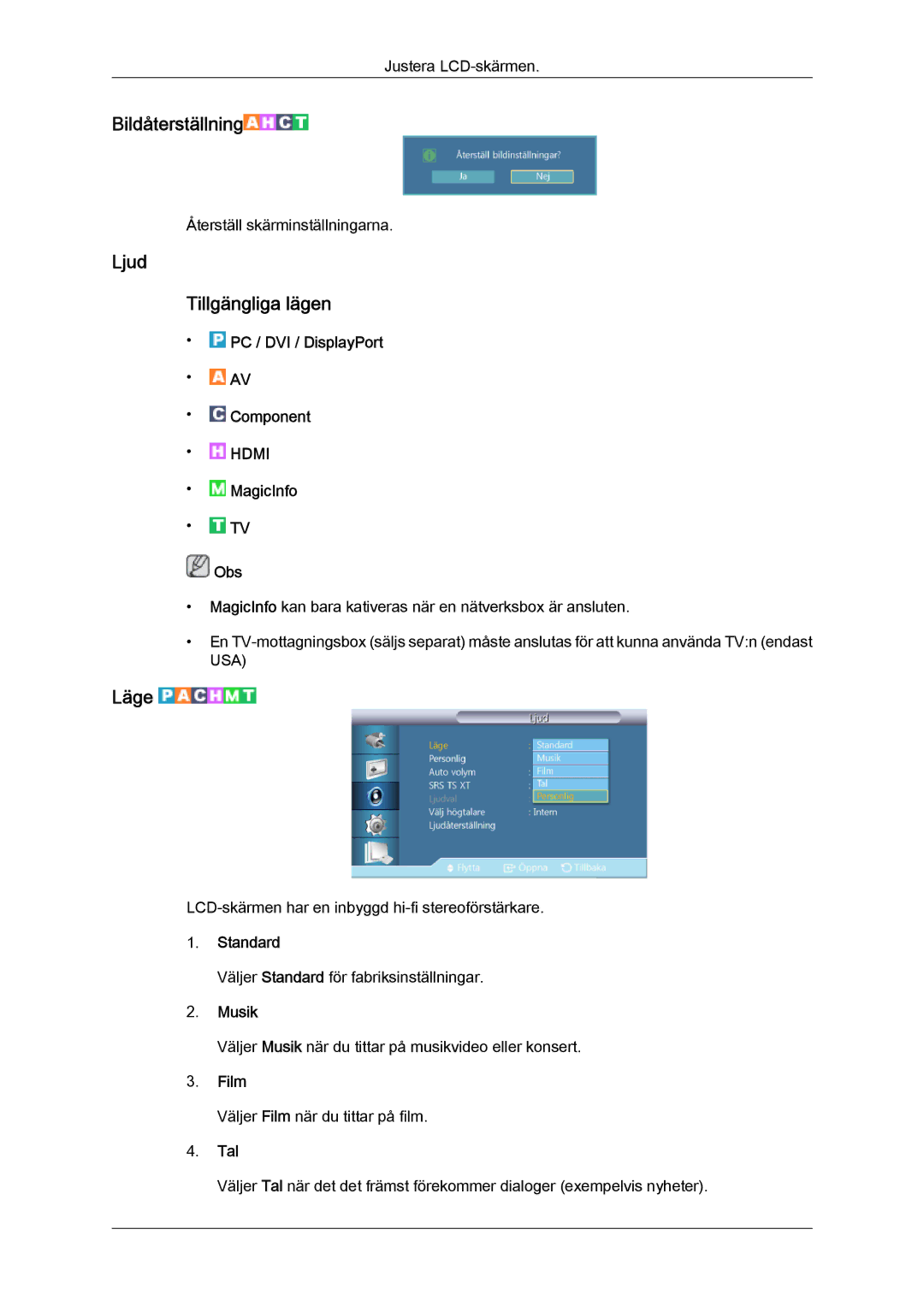 Samsung LH46HBPLBC/EN, LH40HBPLBC/EN manual Ljud Tillgängliga lägen, Musik, Tal 