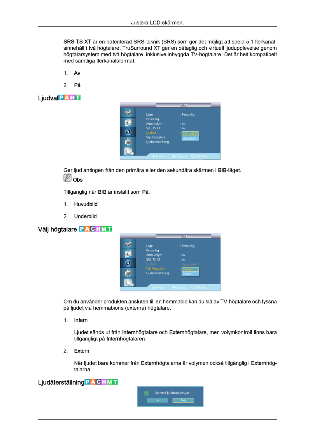 Samsung LH46HBPLBC/EN, LH40HBPLBC/EN manual Ljudval, Välj högtalare, Ljudåterställning 