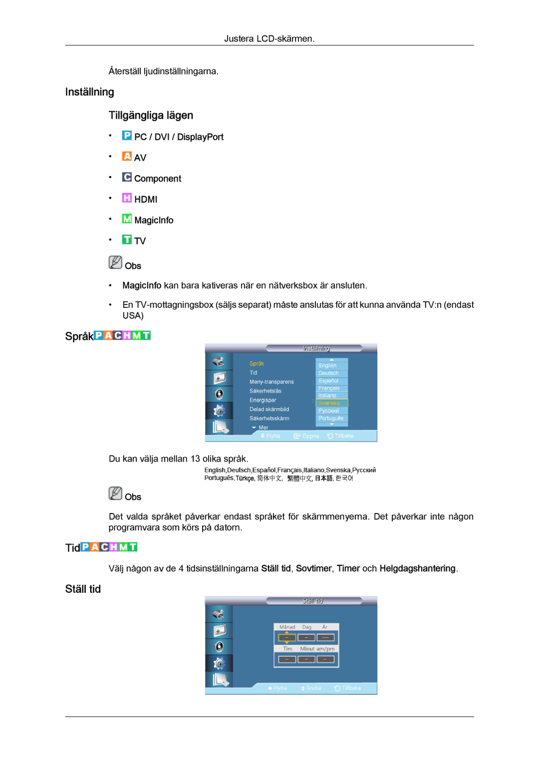 Samsung LH40HBPLBC/EN, LH46HBPLBC/EN manual Inställning Tillgängliga lägen, Språk, Tid, Ställ tid 