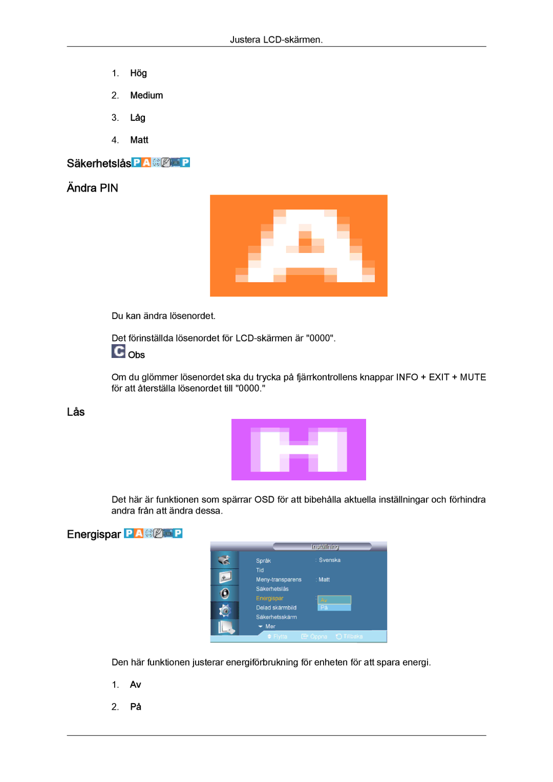 Samsung LH46HBPLBC/EN, LH40HBPLBC/EN manual Säkerhetslås Ändra PIN, Lås, Energispar 