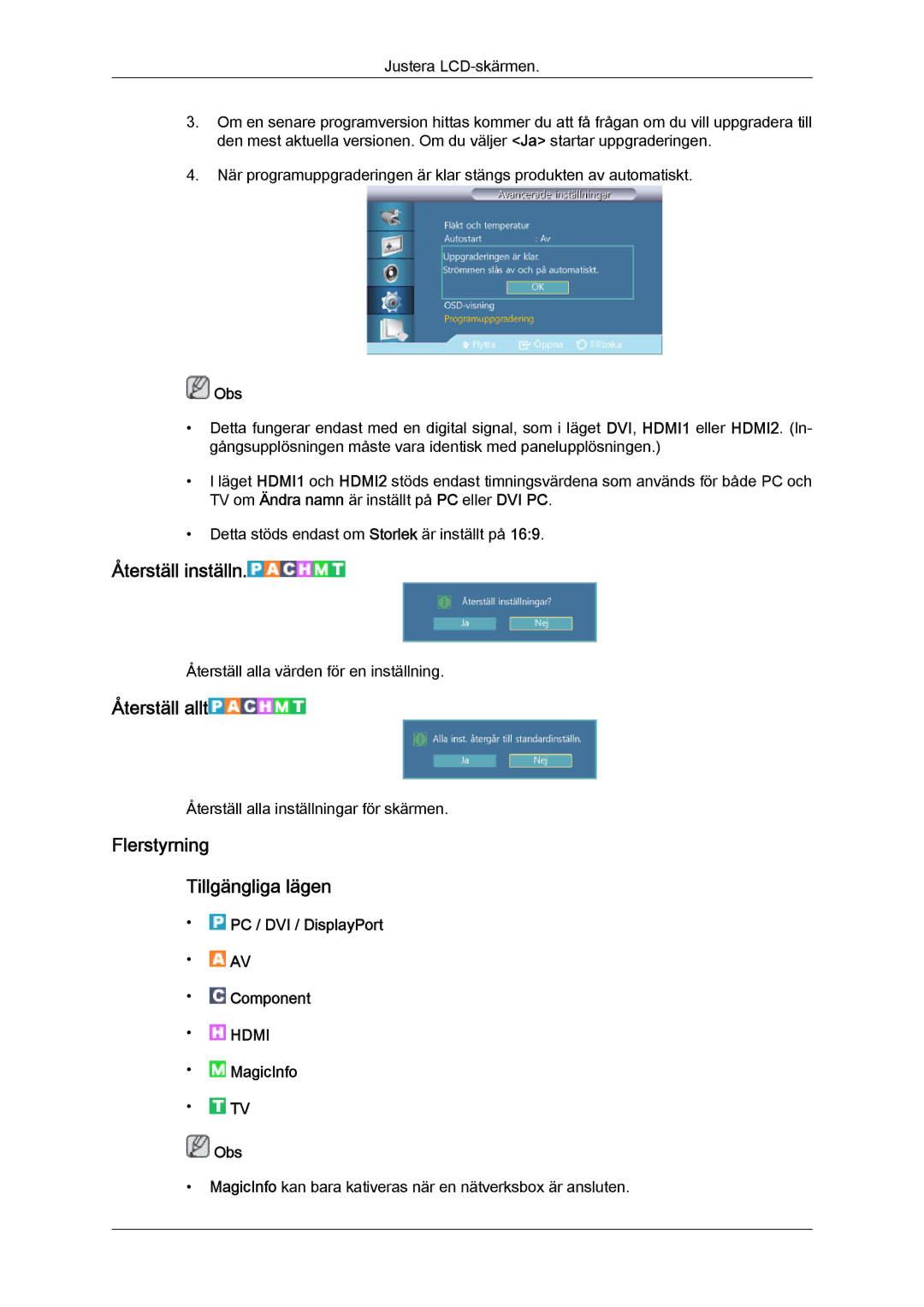 Samsung LH40HBPLBC/EN, LH46HBPLBC/EN manual Återställ inställn, Återställ allt, Flerstyrning Tillgängliga lägen 