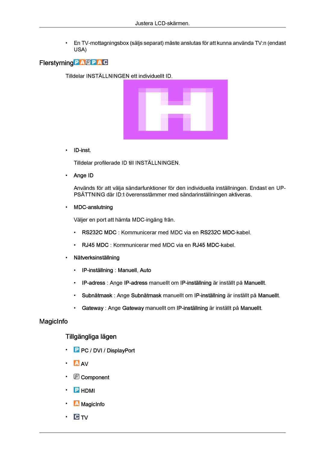 Samsung LH46HBPLBC/EN, LH40HBPLBC/EN manual Flerstyrning, MagicInfo Tillgängliga lägen, ID-inst, Ange ID, MDC-anslutning 