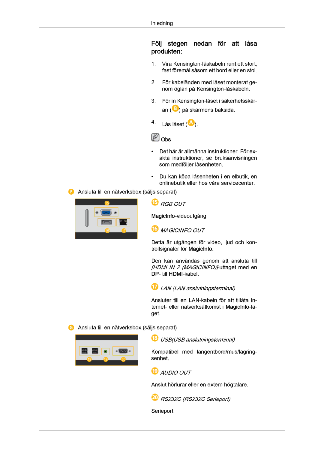 Samsung LH40HBPLBC/EN, LH46HBPLBC/EN manual Följ stegen nedan för att låsa produkten, Magicinfo OUT 