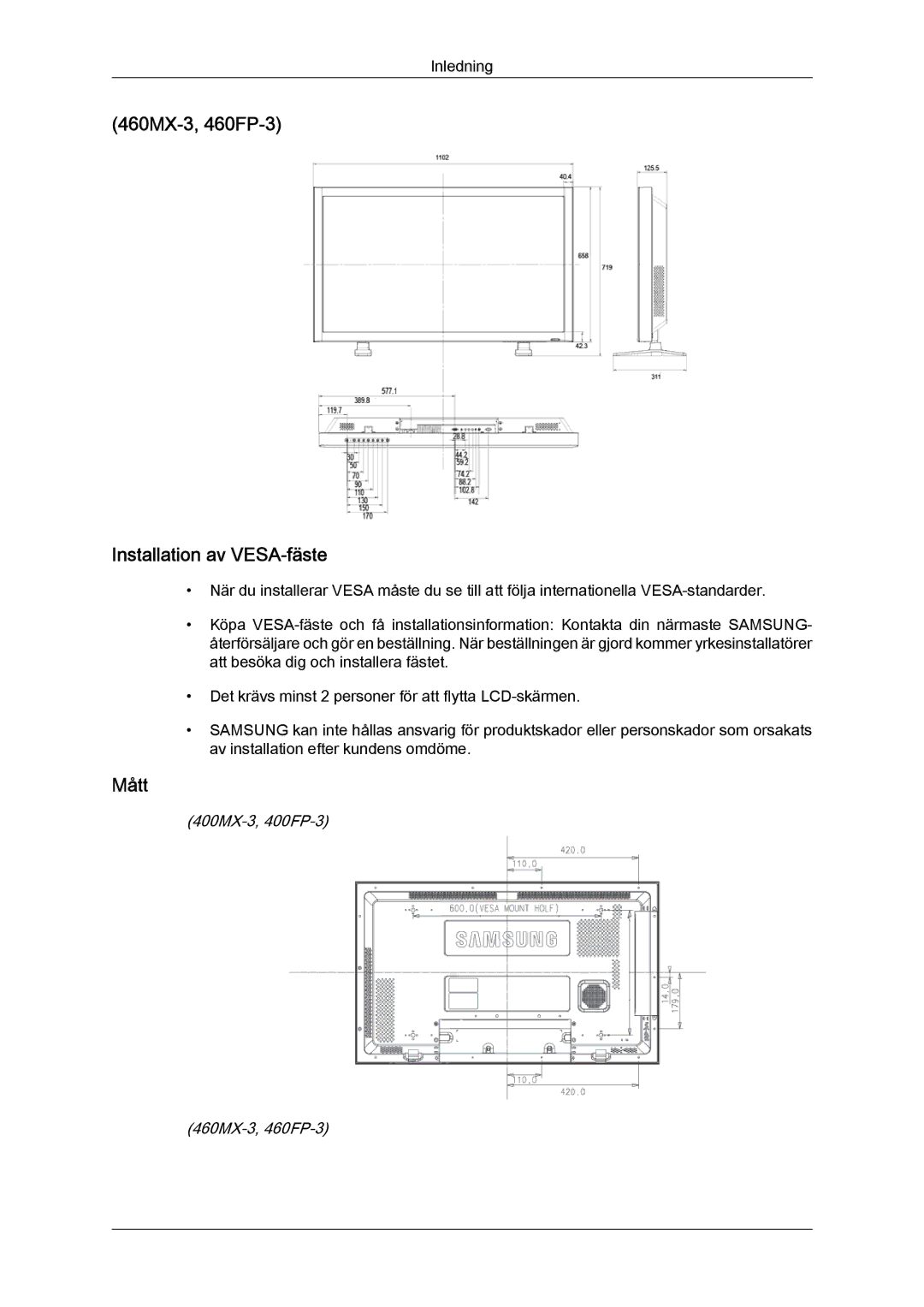 Samsung LH46HBPLBC/EN, LH40HBPLBC/EN manual 460MX-3, 460FP-3 Installation av VESA-fäste, Mått 