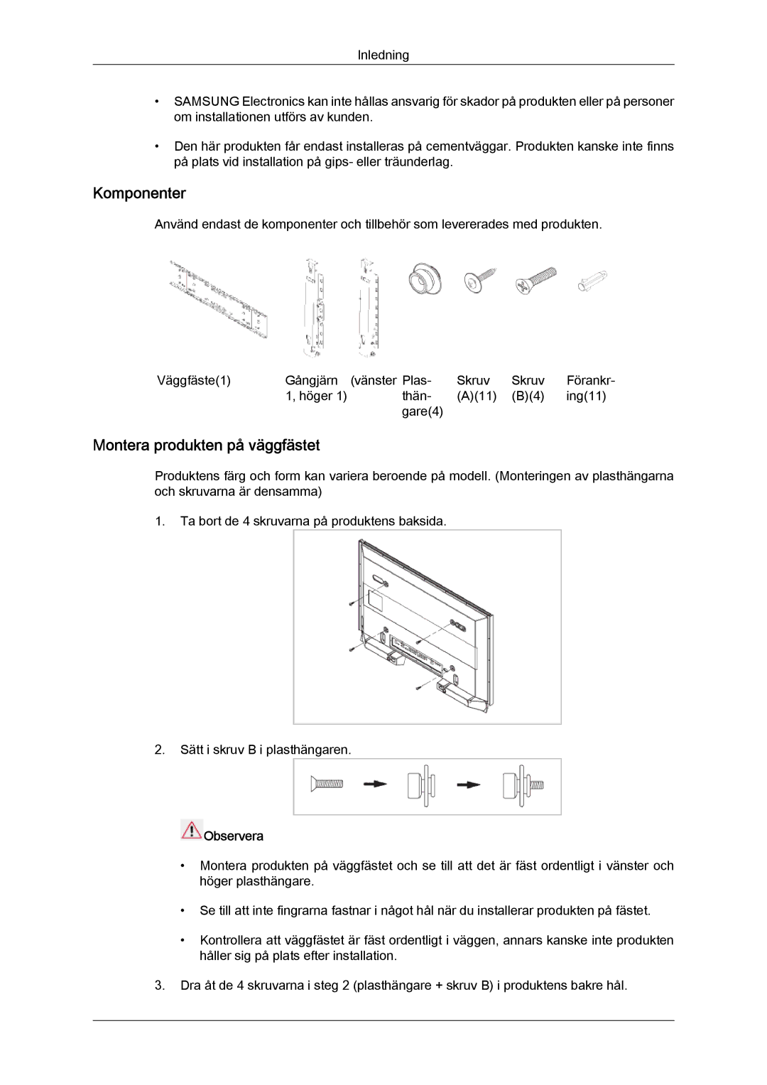 Samsung LH40HBPLBC/EN, LH46HBPLBC/EN manual Komponenter, Montera produkten på väggfästet 