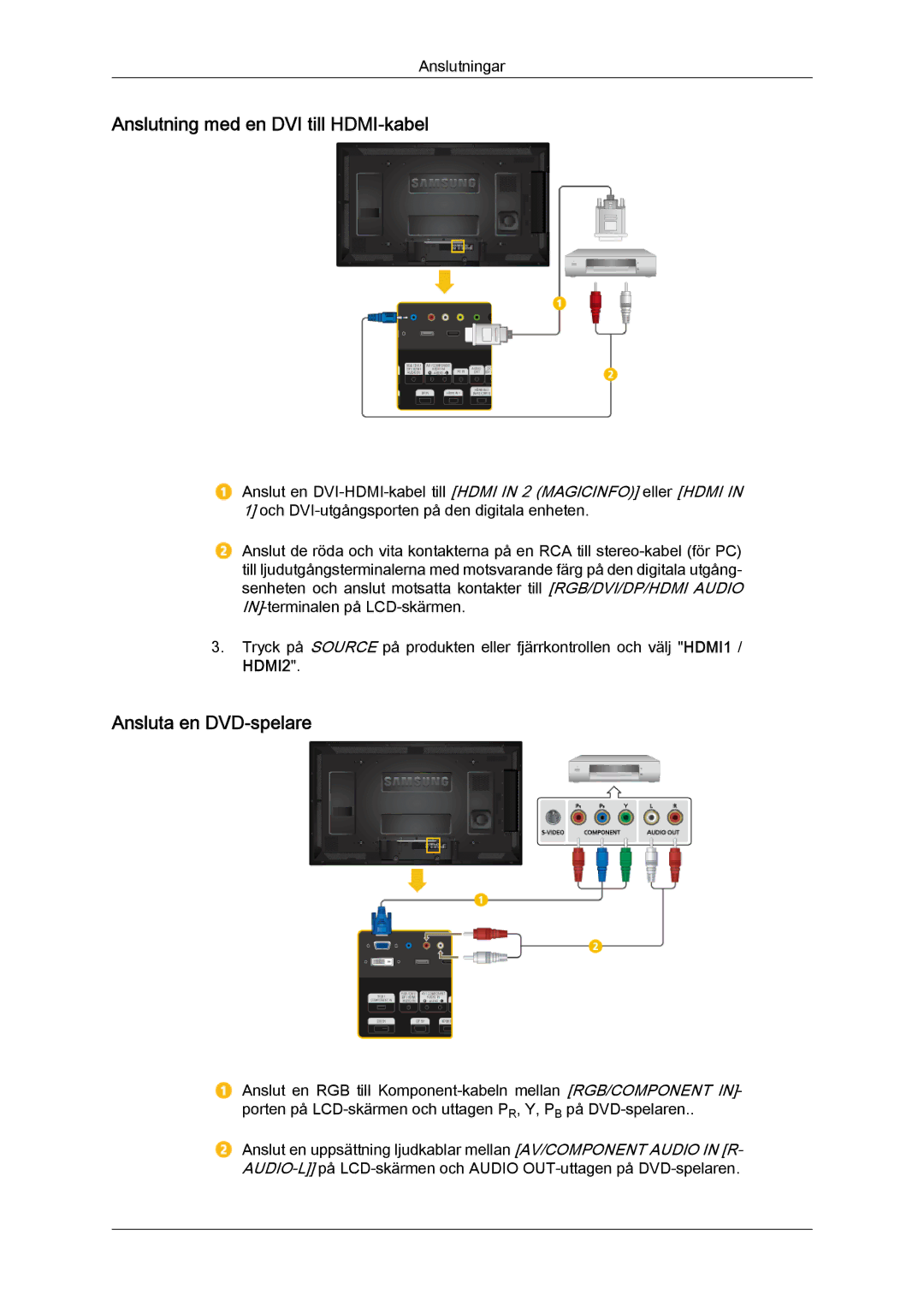 Samsung LH40HBPLBC/EN, LH46HBPLBC/EN manual Anslutning med en DVI till HDMI-kabel, Ansluta en DVD-spelare 