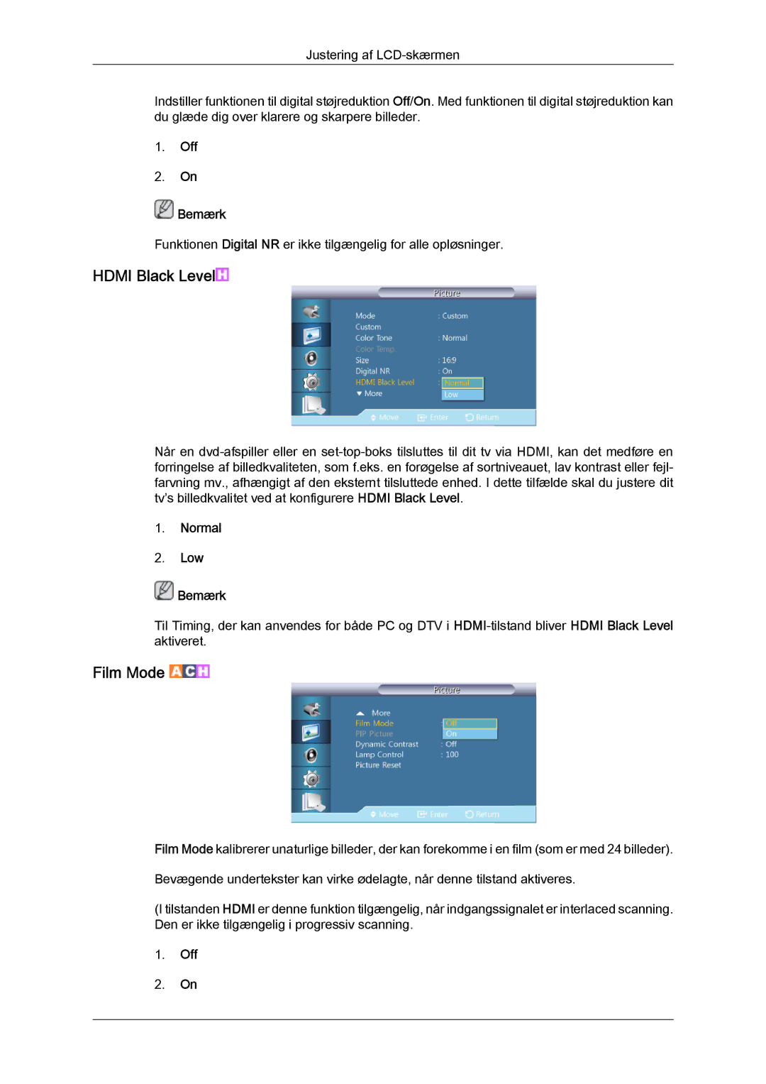 Samsung LH40HBPLBC/EN, LH46HBPLBC/EN manual Hdmi Black Level, Film Mode, Normal Low Bemærk 