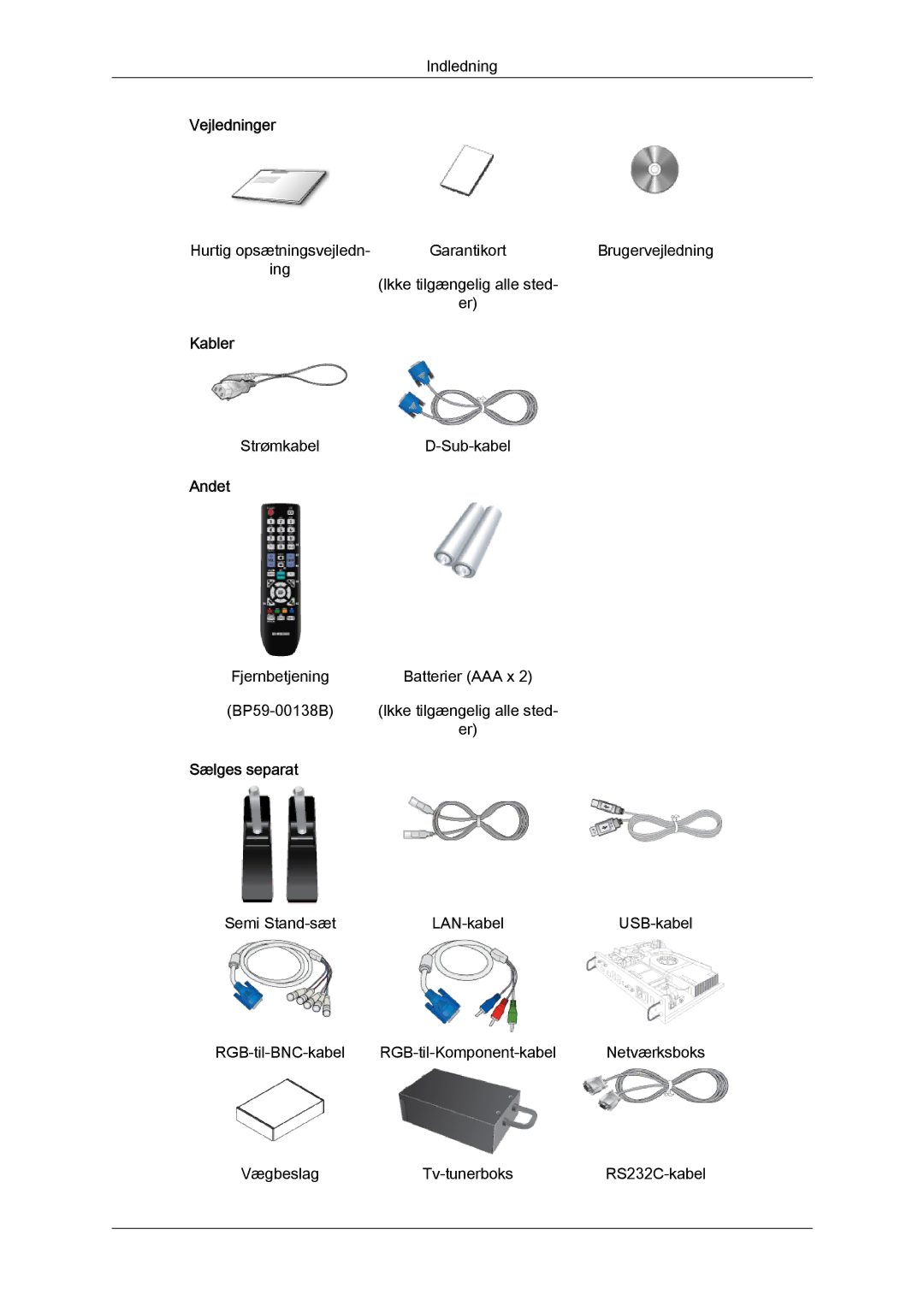 Samsung LH40HBPLBC/EN, LH46HBPLBC/EN manual Vejledninger, Kabler, Andet, Sælges separat 