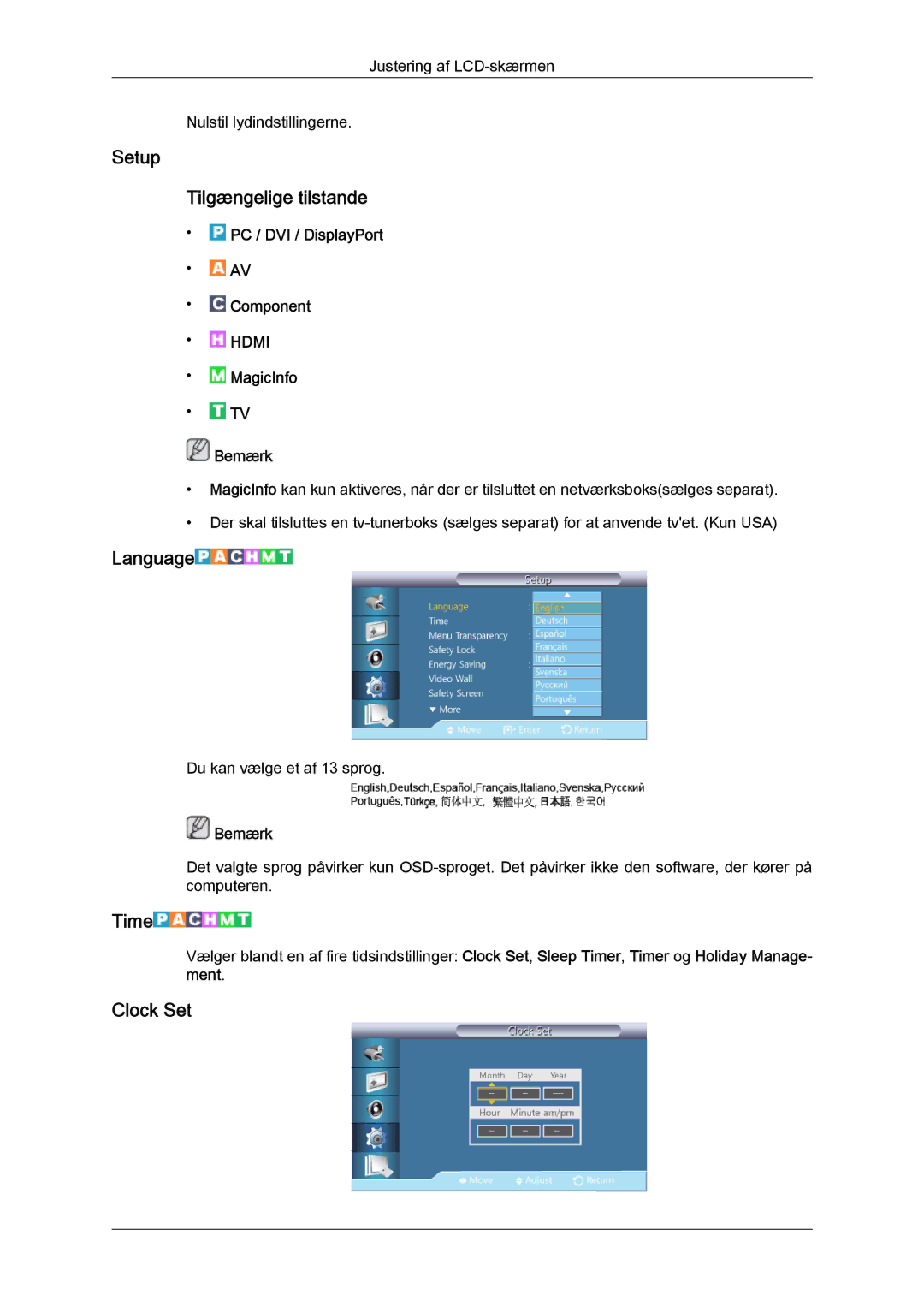 Samsung LH46HBPLBC/EN, LH40HBPLBC/EN manual Setup Tilgængelige tilstande, Language, Time, Clock Set 