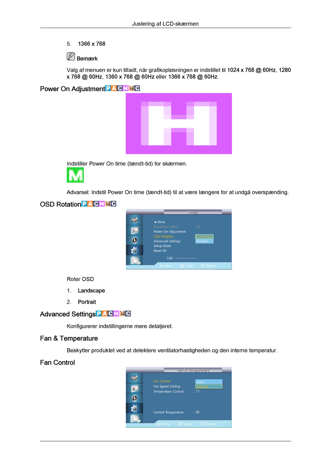 Samsung LH46HBPLBC/EN, LH40HBPLBC/EN Power On Adjustment, OSD Rotation, Advanced Settings, Fan & Temperature, Fan Control 