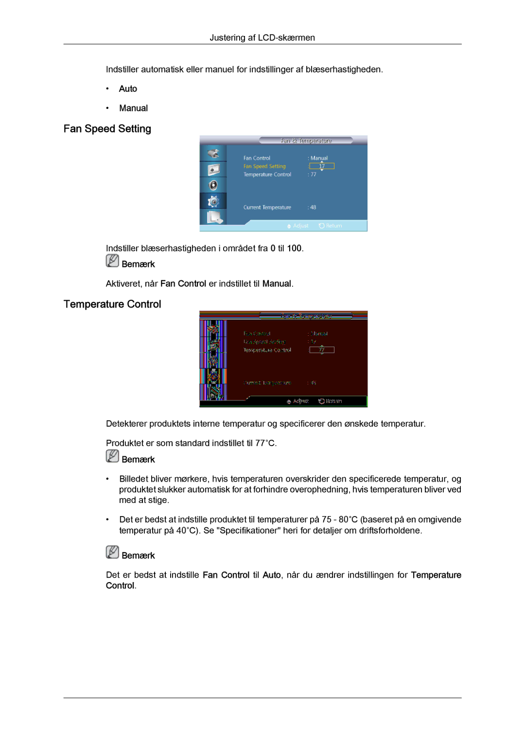 Samsung LH40HBPLBC/EN, LH46HBPLBC/EN manual Fan Speed Setting, Temperature Control, Auto Manual 