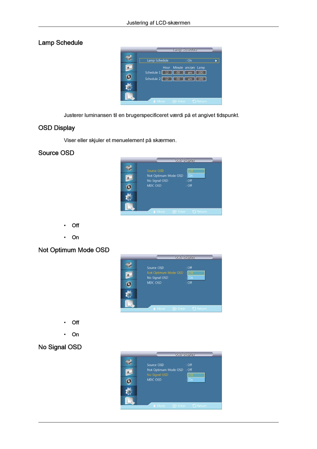 Samsung LH46HBPLBC/EN, LH40HBPLBC/EN manual Lamp Schedule, OSD Display, Source OSD, Not Optimum Mode OSD, No Signal OSD 