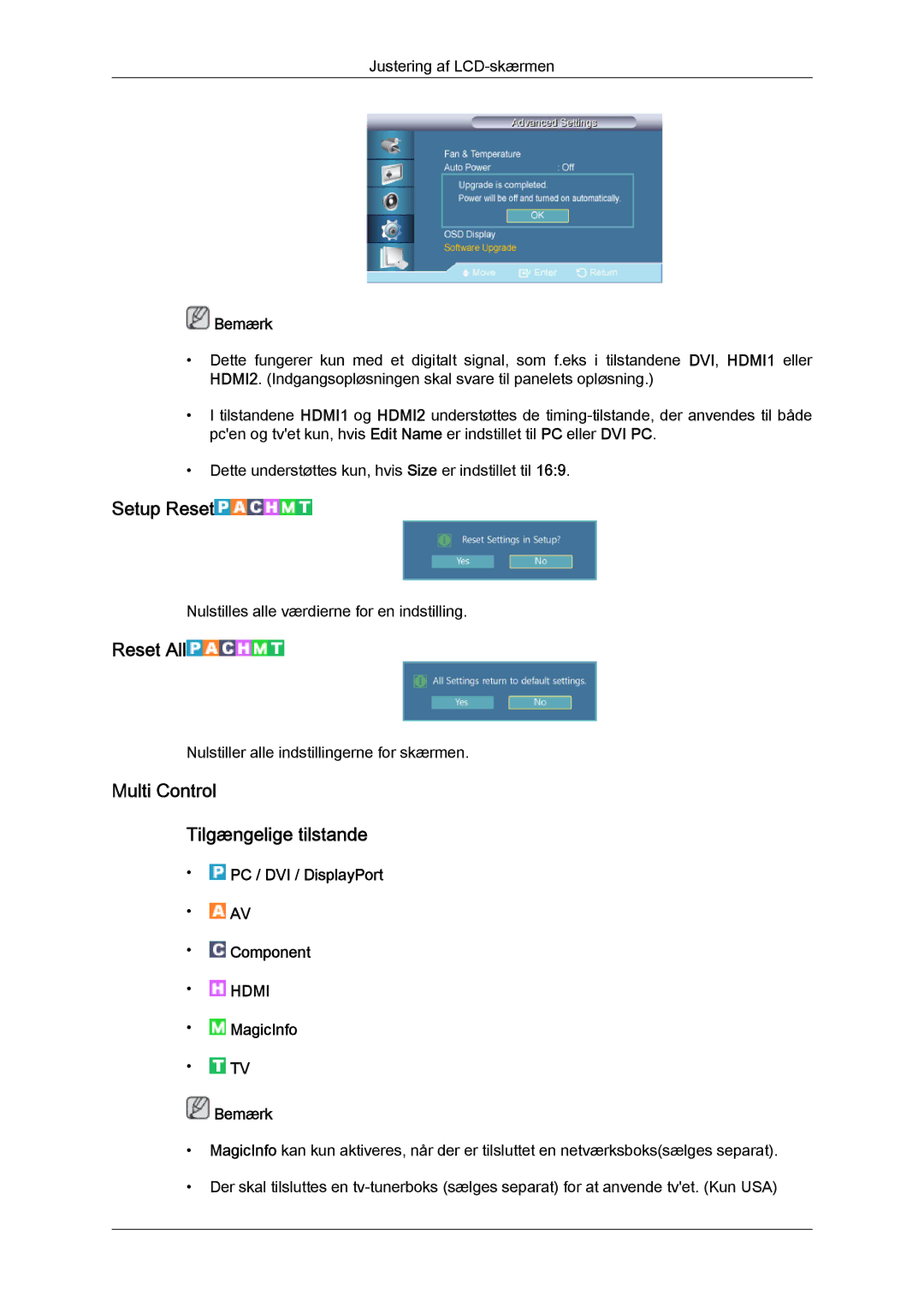 Samsung LH46HBPLBC/EN, LH40HBPLBC/EN manual Setup Reset, Reset All, Multi Control Tilgængelige tilstande 