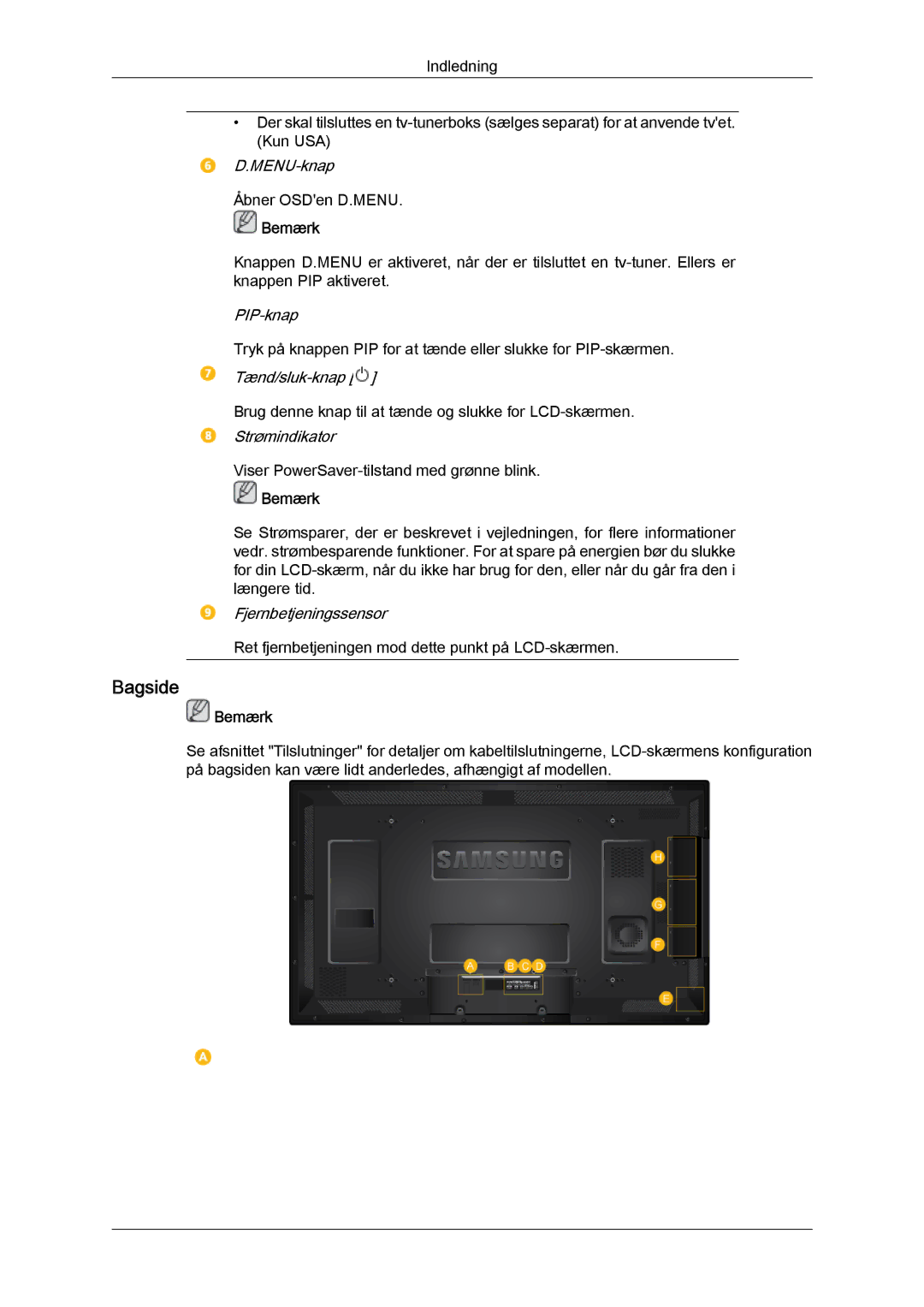 Samsung LH40HBPLBC/EN, LH46HBPLBC/EN manual Bagside 