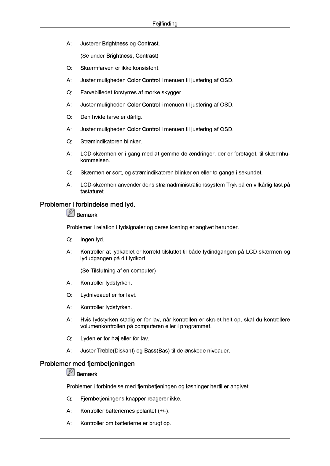 Samsung LH40HBPLBC/EN, LH46HBPLBC/EN manual Problemer i forbindelse med lyd, Problemer med fjernbetjeningen 