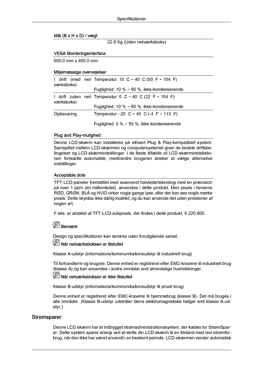 Samsung LH46HBPLBC/EN, LH40HBPLBC/EN manual Strømsparer 