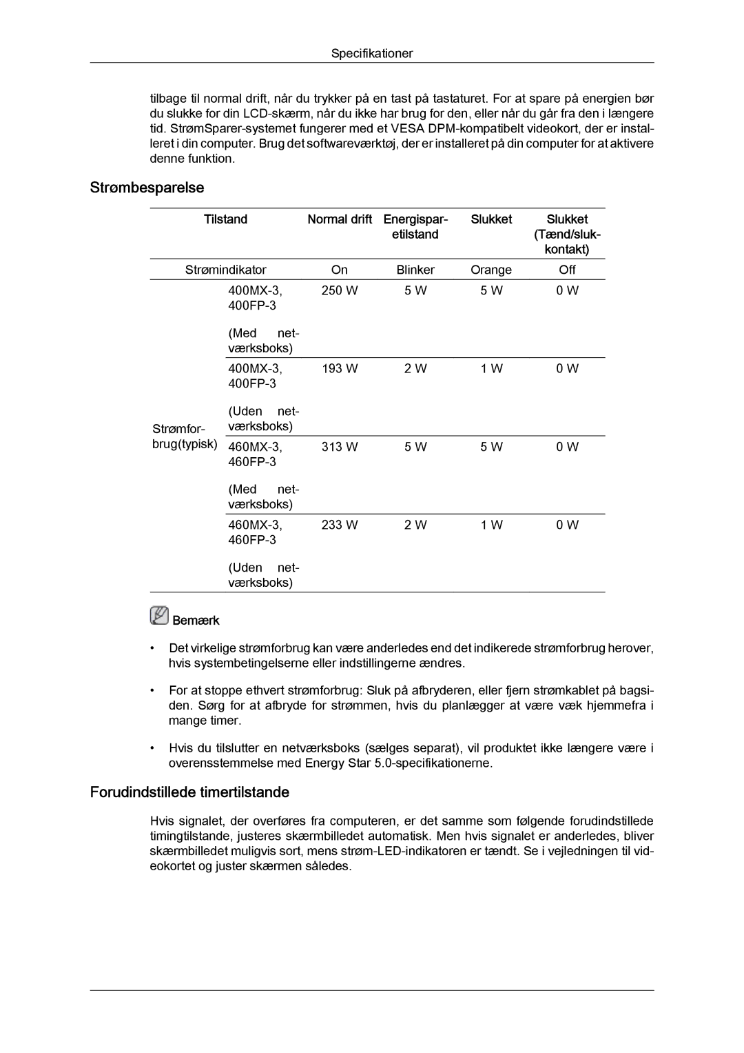 Samsung LH40HBPLBC/EN, LH46HBPLBC/EN manual Strømbesparelse, Forudindstillede timertilstande 