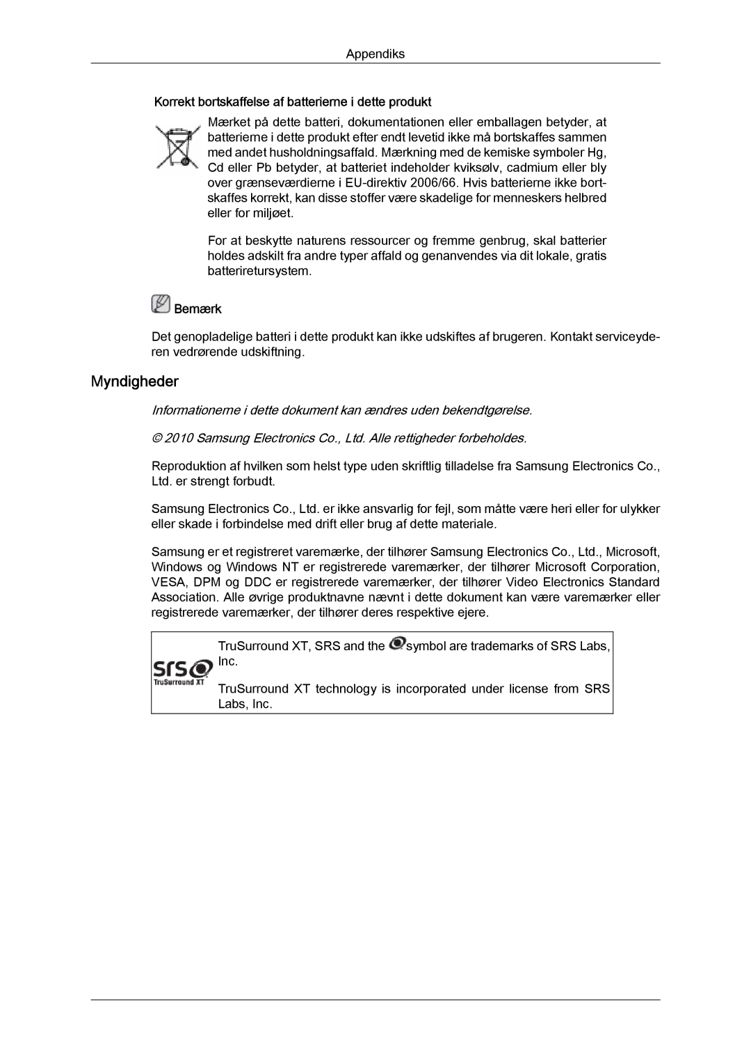 Samsung LH46HBPLBC/EN, LH40HBPLBC/EN manual Myndigheder, Korrekt bortskaffelse af batterierne i dette produkt 