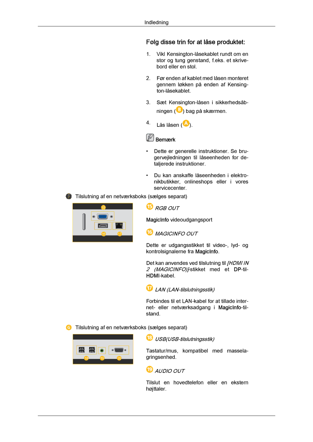 Samsung LH40HBPLBC/EN, LH46HBPLBC/EN manual Følg disse trin for at låse produktet, Magicinfo OUT 