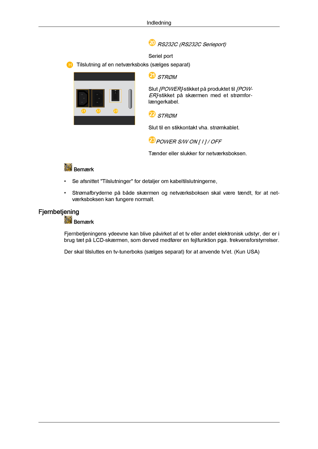 Samsung LH46HBPLBC/EN, LH40HBPLBC/EN manual Fjernbetjening, Strøm 