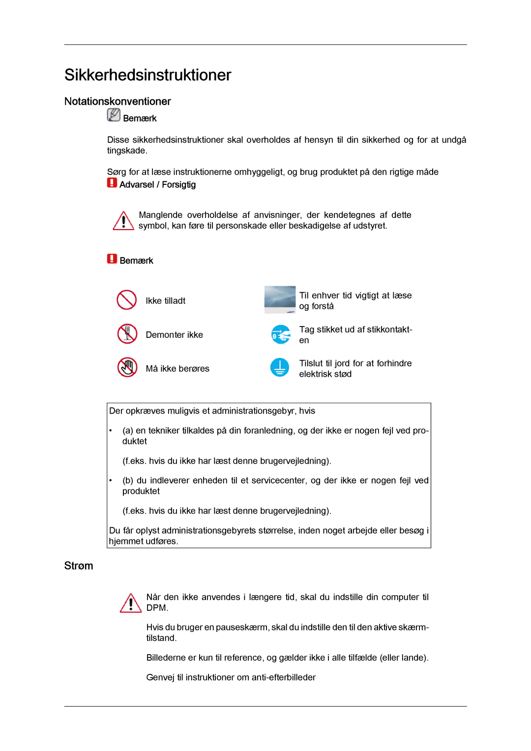 Samsung LH46HBPLBC/EN, LH40HBPLBC/EN manual Notationskonventioner, Strøm, Bemærk 