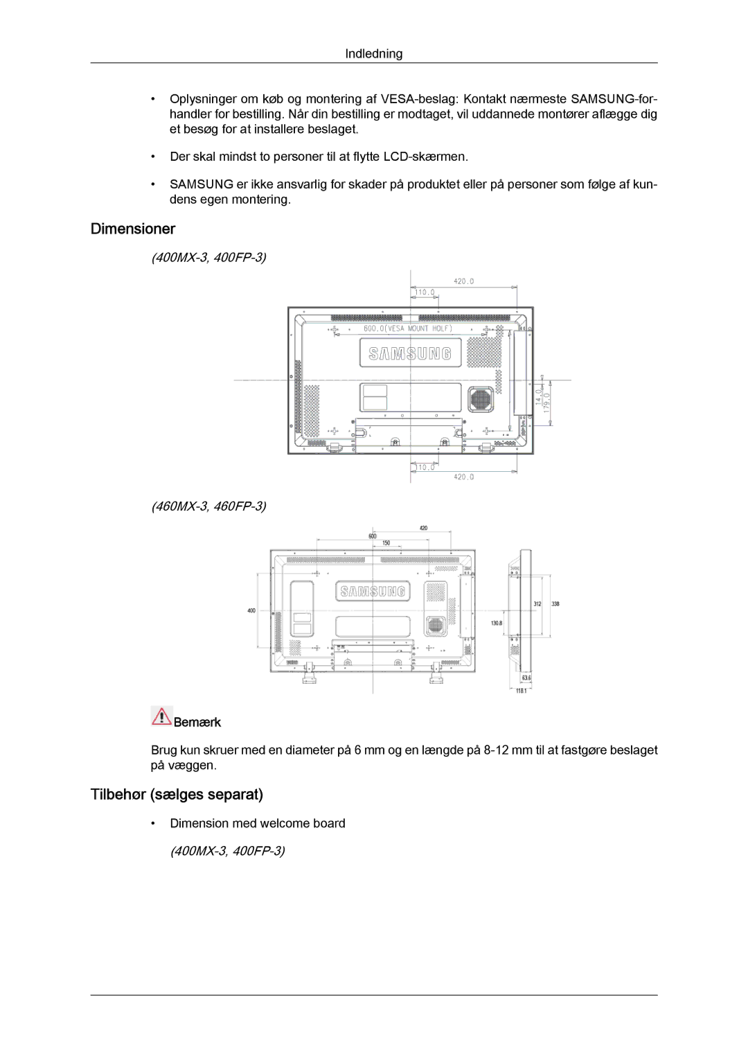 Samsung LH40HBPLBC/EN, LH46HBPLBC/EN manual Dimensioner, Tilbehør sælges separat 