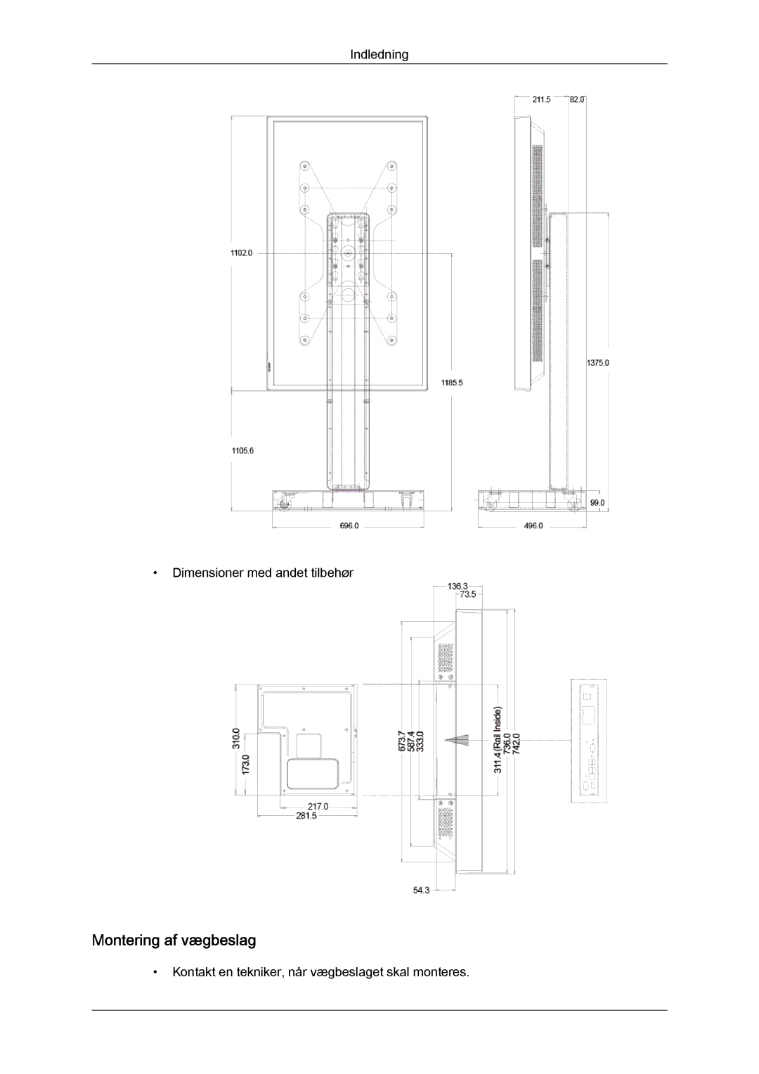 Samsung LH40HBPLBC/EN, LH46HBPLBC/EN manual Montering af vægbeslag 