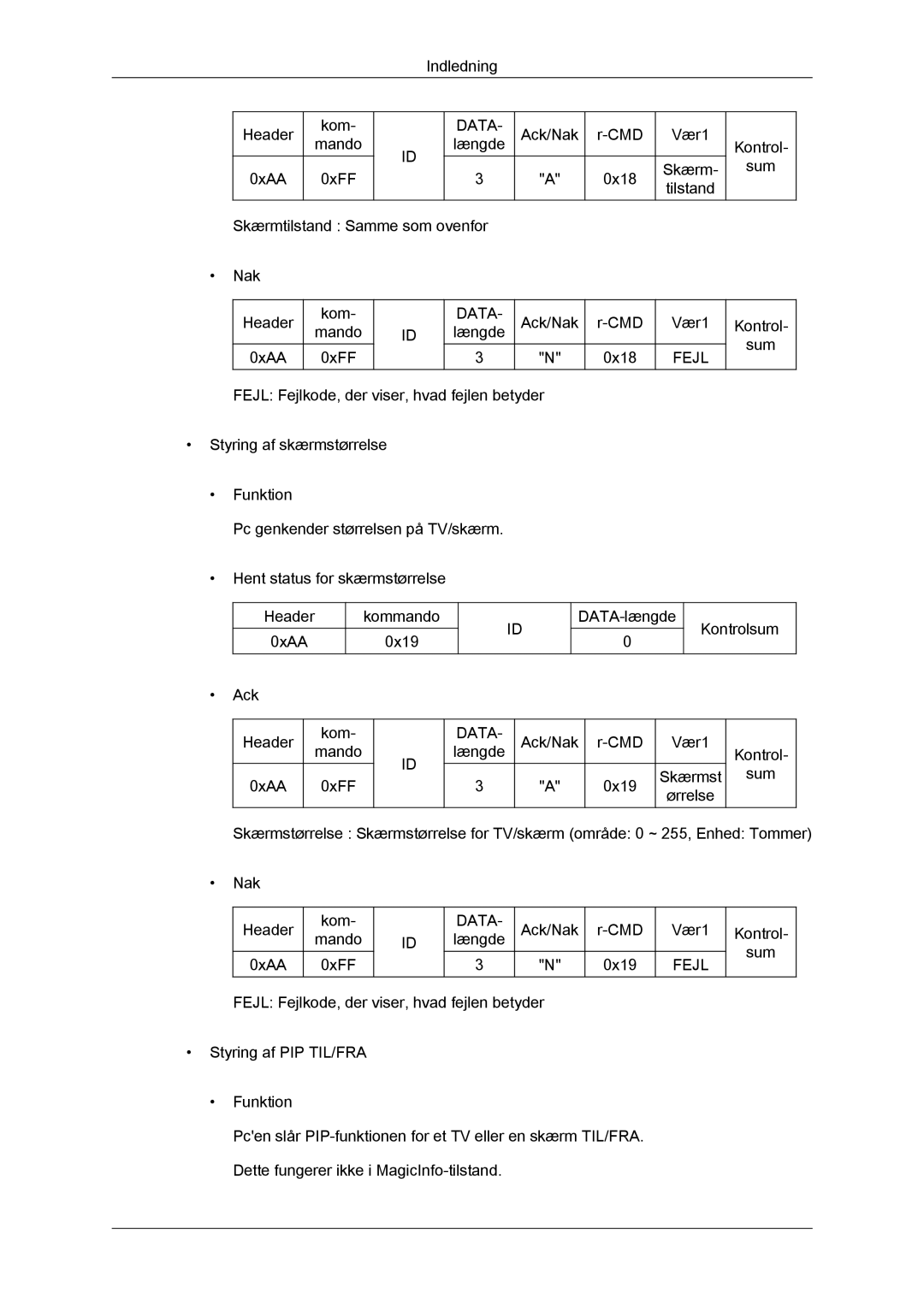 Samsung LH46HBPLBC/EN, LH40HBPLBC/EN manual Ack/Nak CMD Vær1 Kontrol Mando Længde Sum 0xAA 0xFF 0x18 