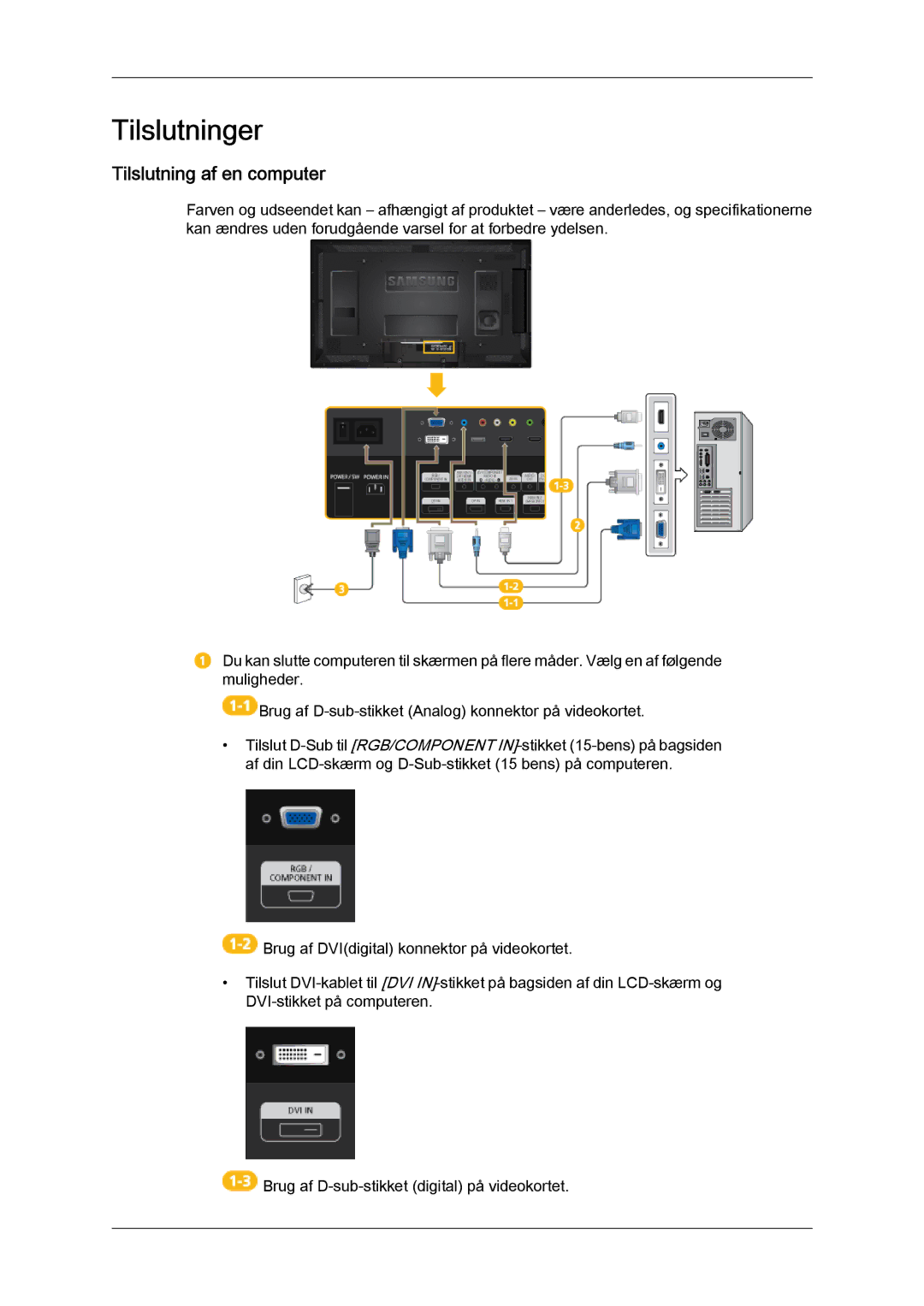 Samsung LH46HBPLBC/EN, LH40HBPLBC/EN manual Tilslutninger, Tilslutning af en computer 